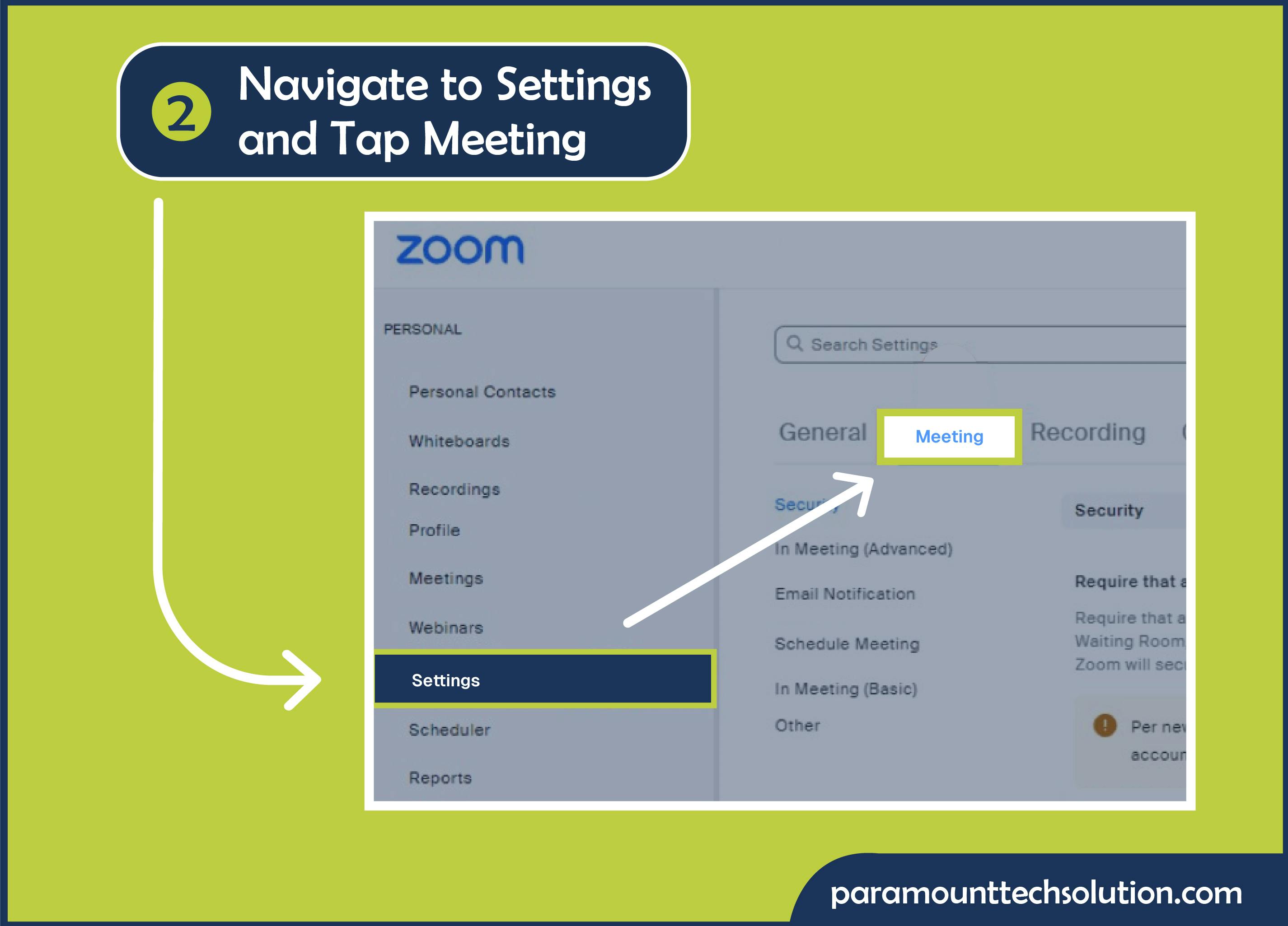 To enable screen share Zoom feature using Navigate to the screen Settings and click on Meeting.