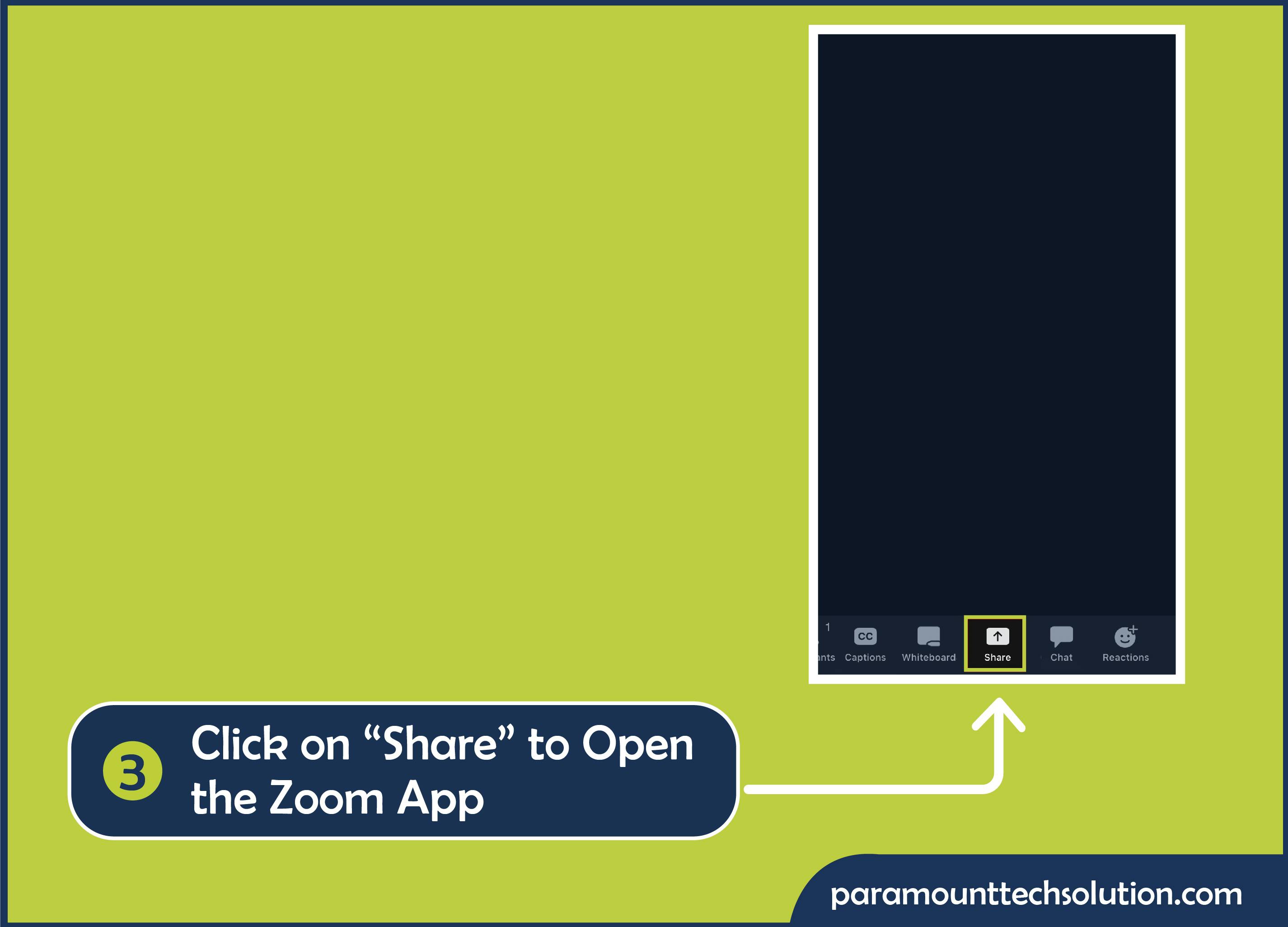 alt="Step 3: In the zoom meeting controls, Click on “Share” to open the Zoom app on your IOS device."