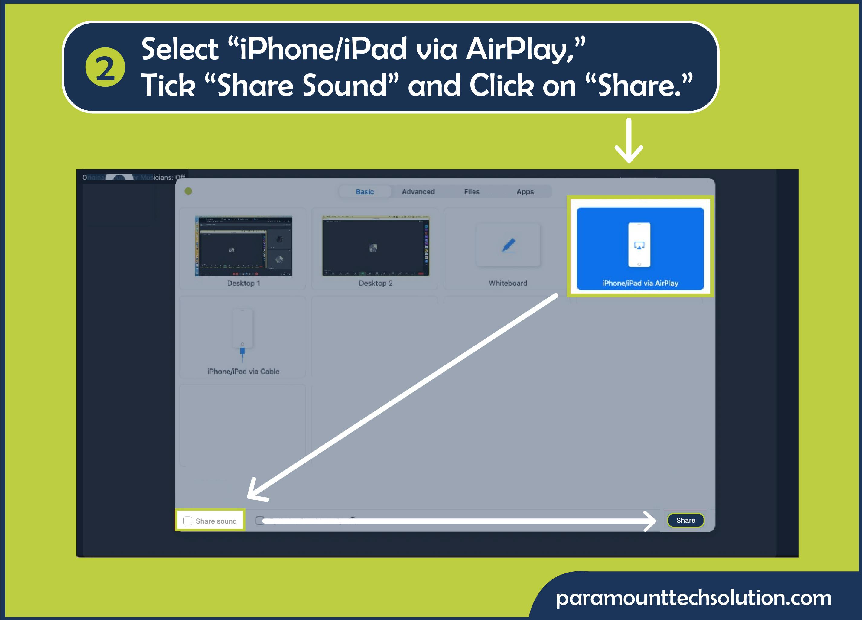 Select iPhone/iPad via AirPlay select the checkbox next to Zoom Share Sound and Click on Share.