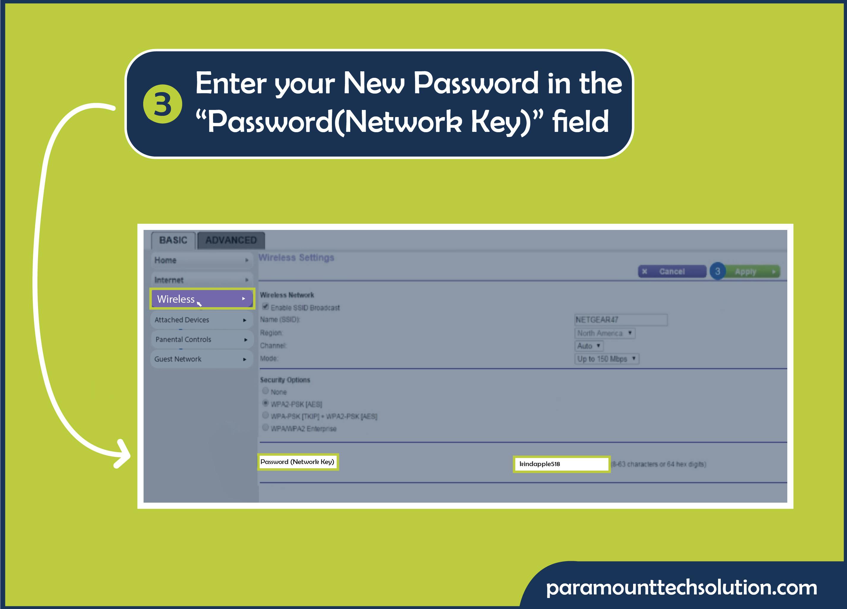 Step to change the wifi password is Enter your New Password in the “Password(Network Key)” field Tap Apply to save changes.