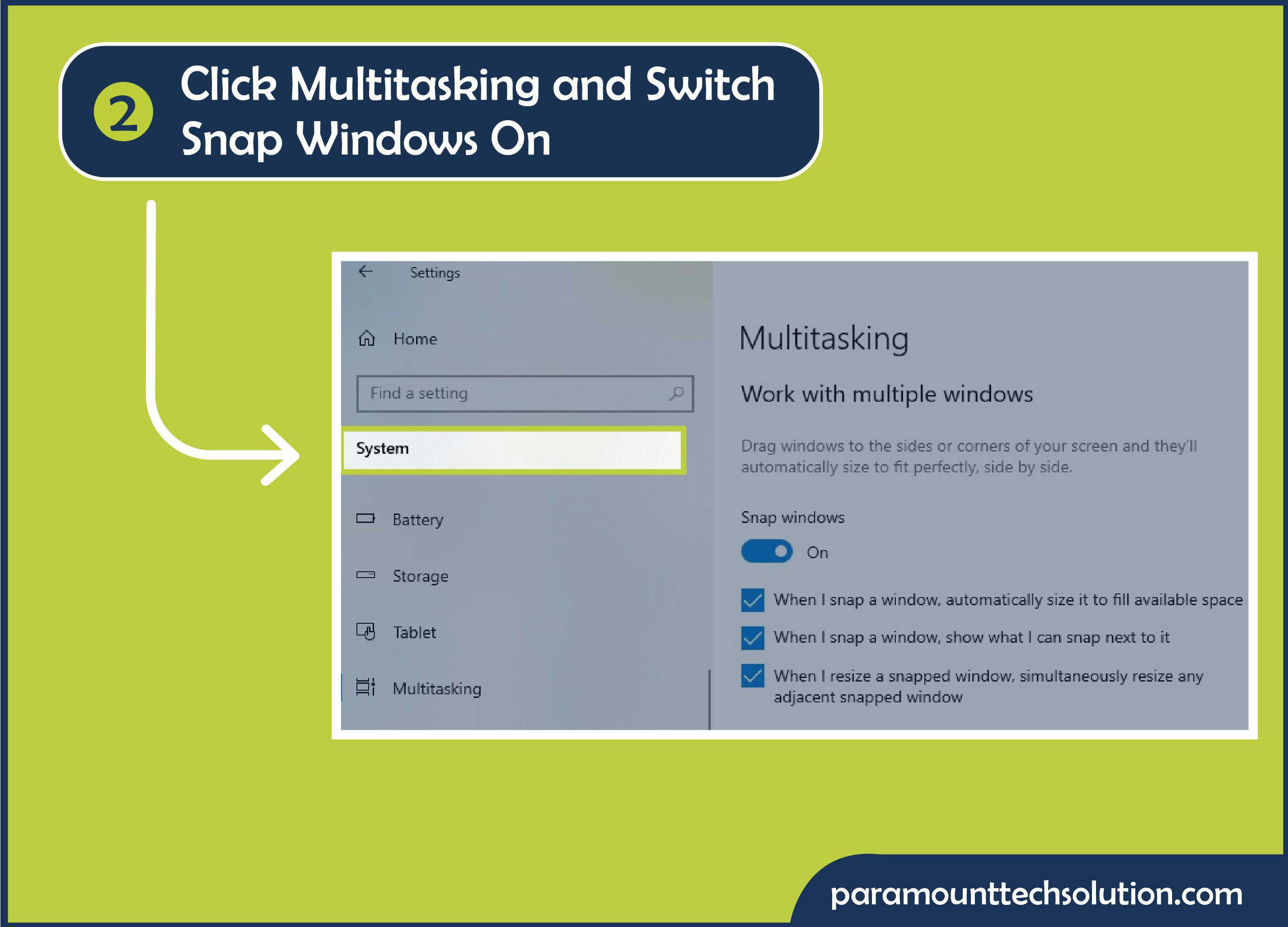 Step 2: Click Multitasking and switch Snap Windows on click on system