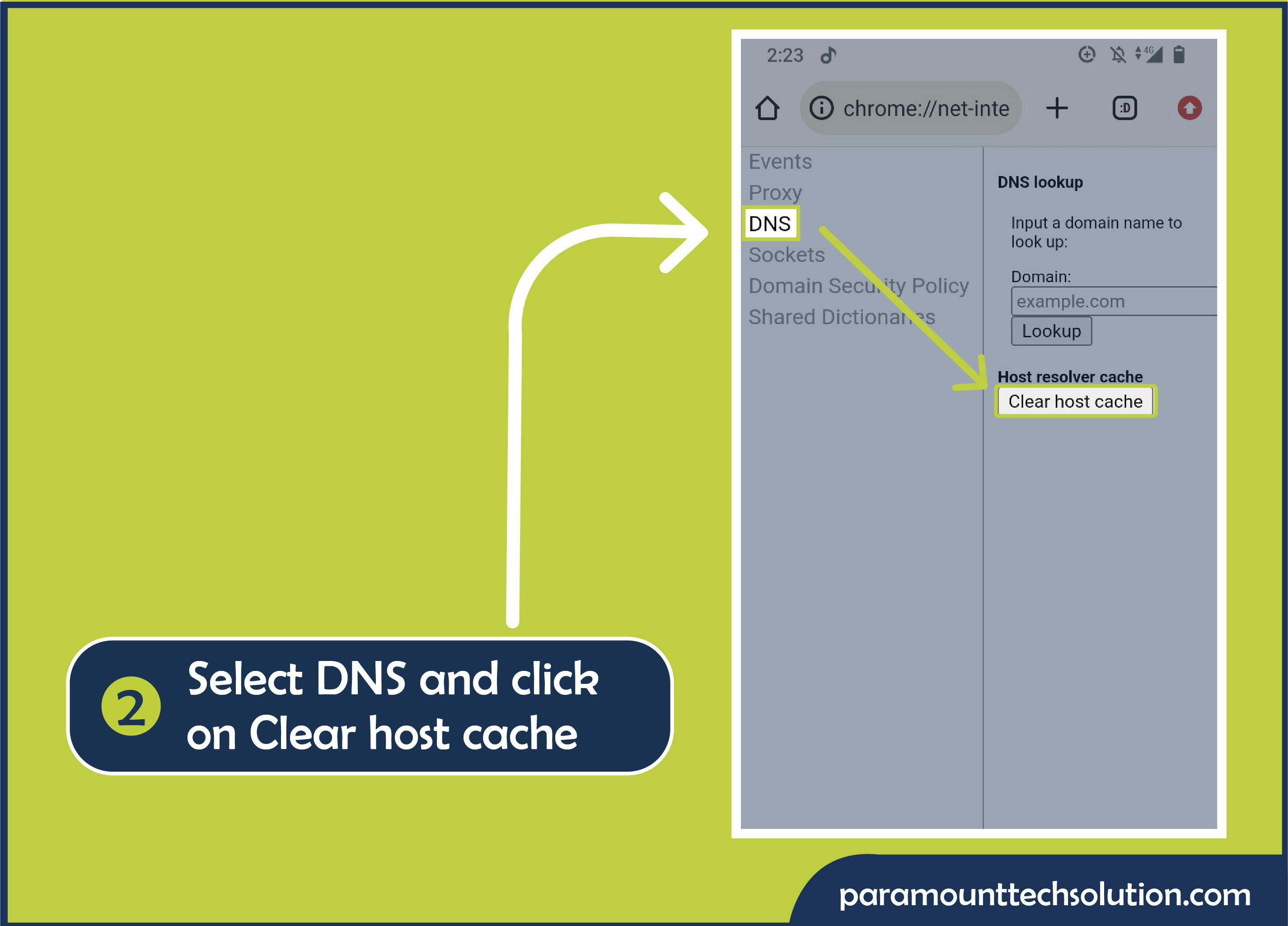 To delete Chrome incognito history and DNS data Select DNS and Clear host cache.