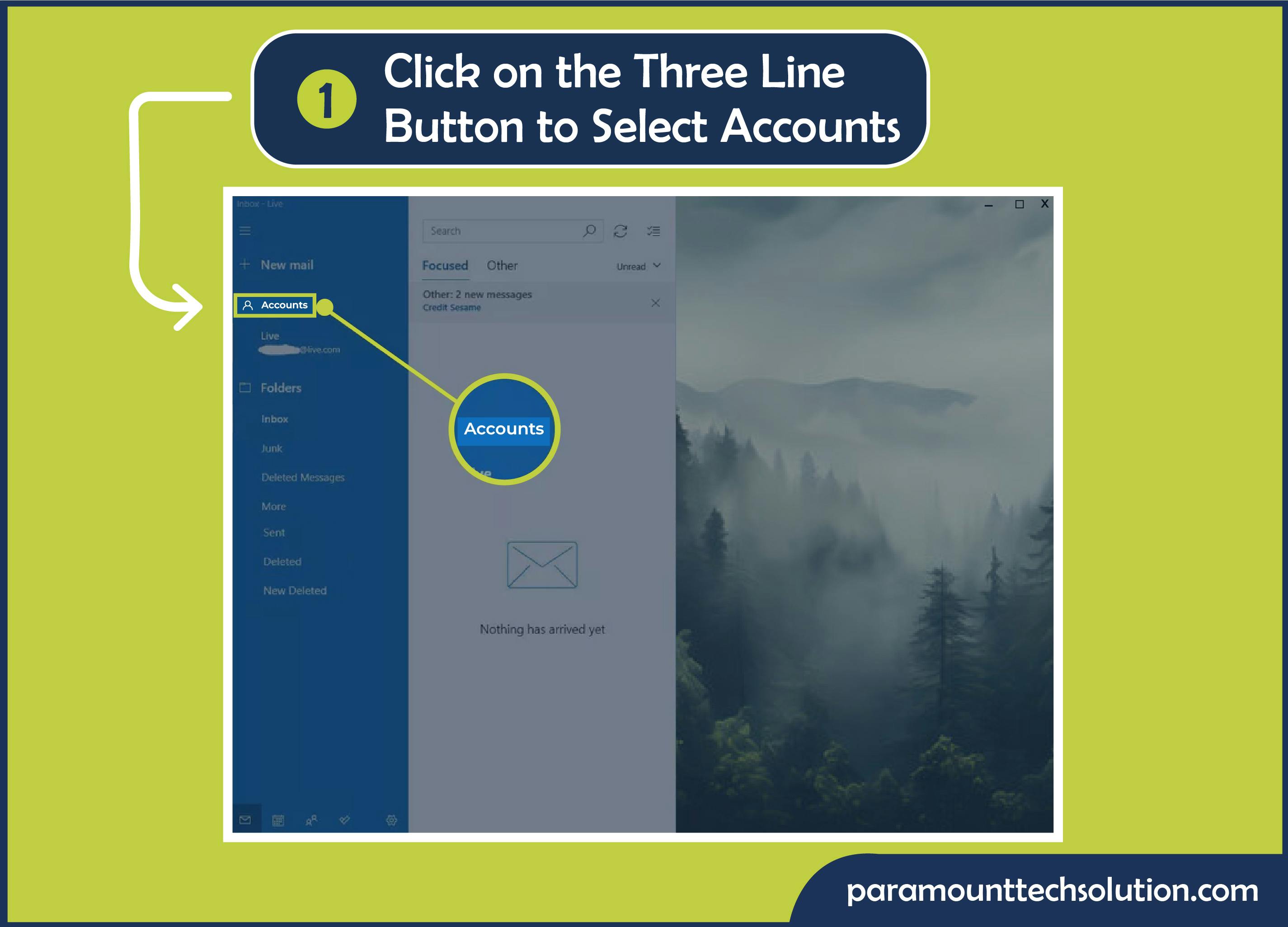 What is my Email Address For Windows? Step 1 is to Click on the Three Line Menu Button and select Accounts.