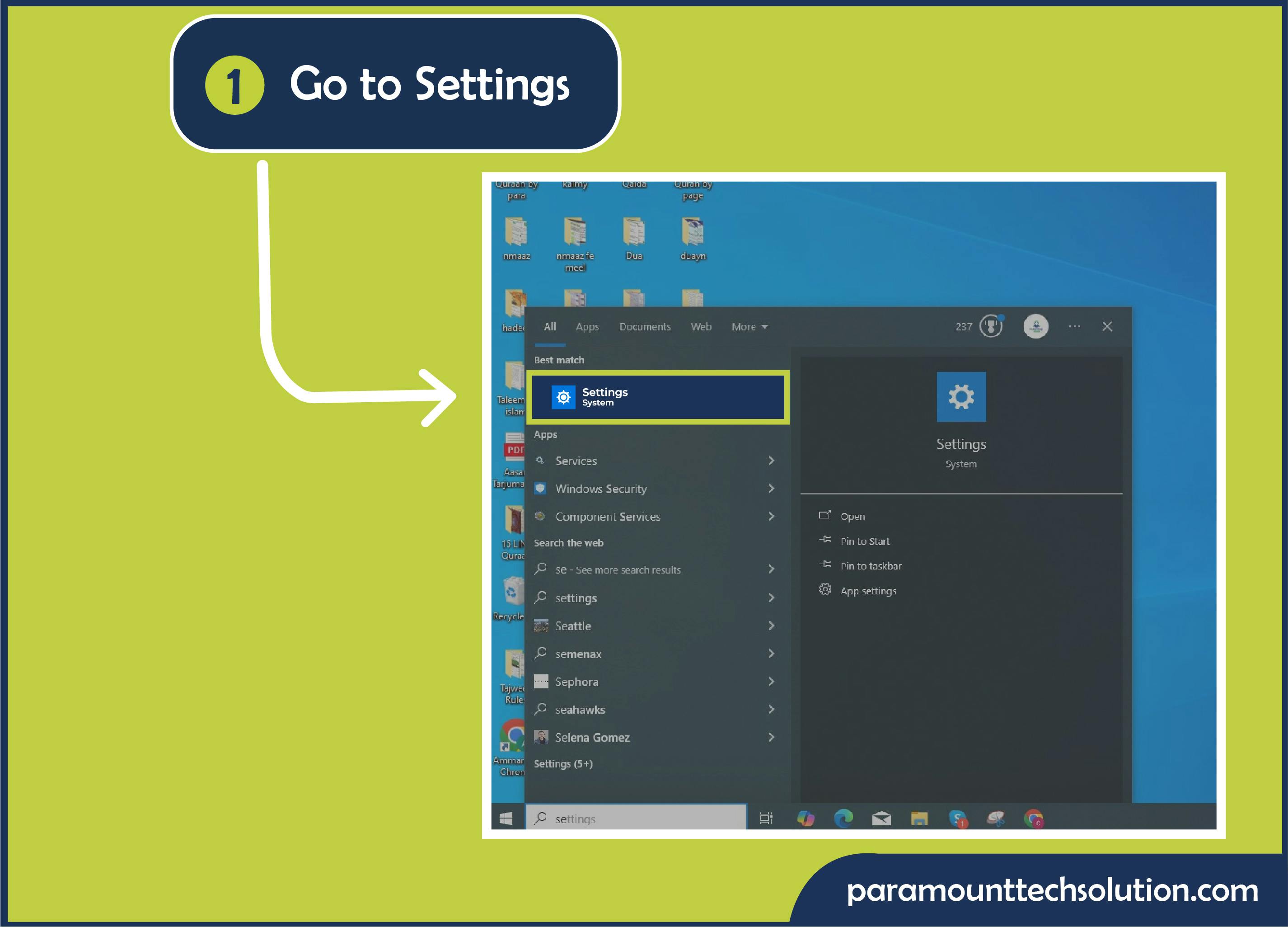 Step 1: Select Settings by tapping on the Windows icon