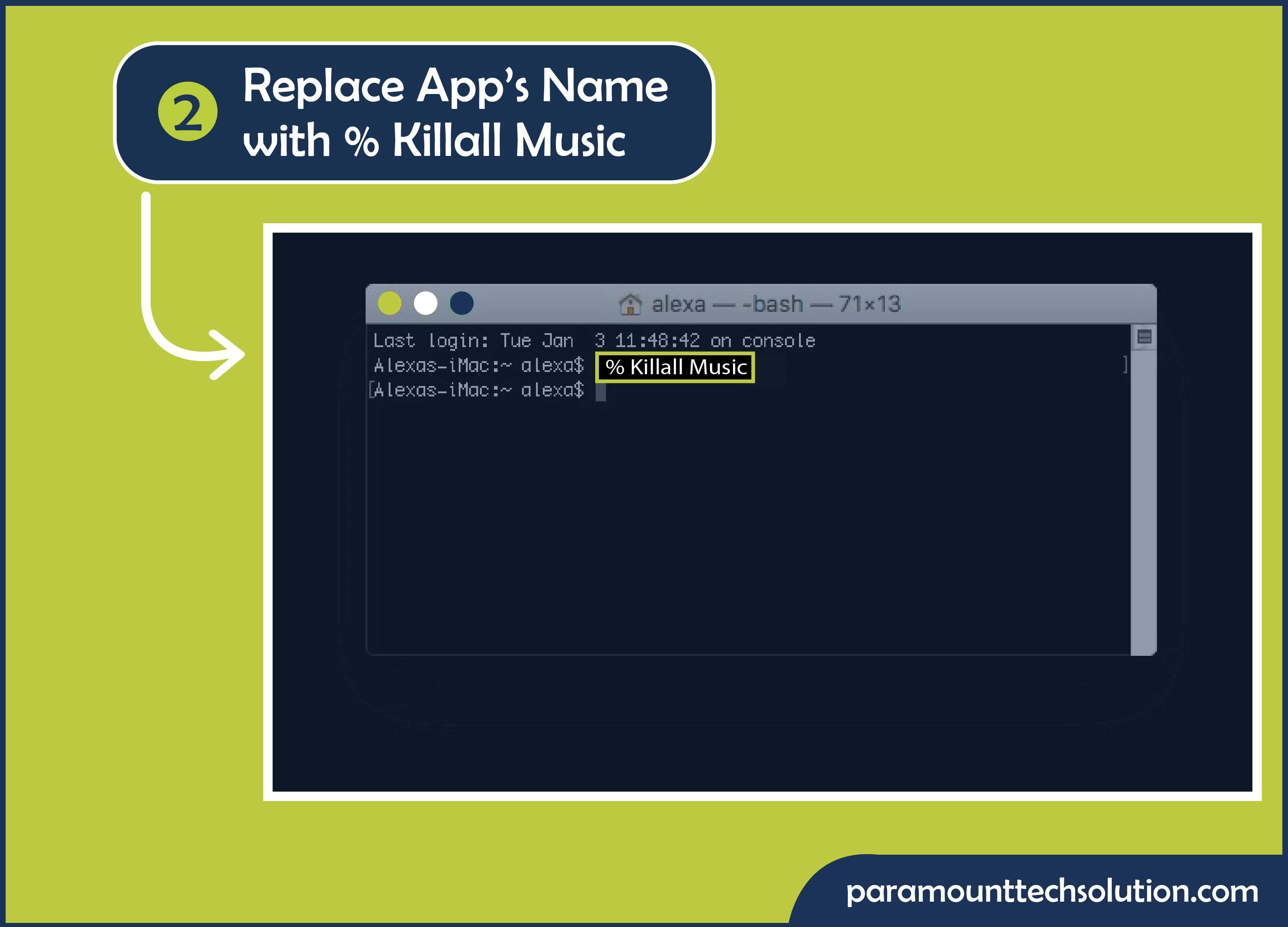 Replace app name with the app's actual name, such as killall Music