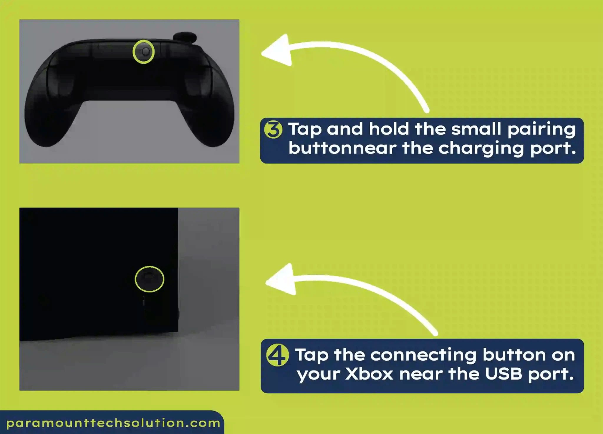 Step 3: Tap and hold the small pairing button near the charging port  Step 4: Tap the connecting button on your Xbox near the USB port