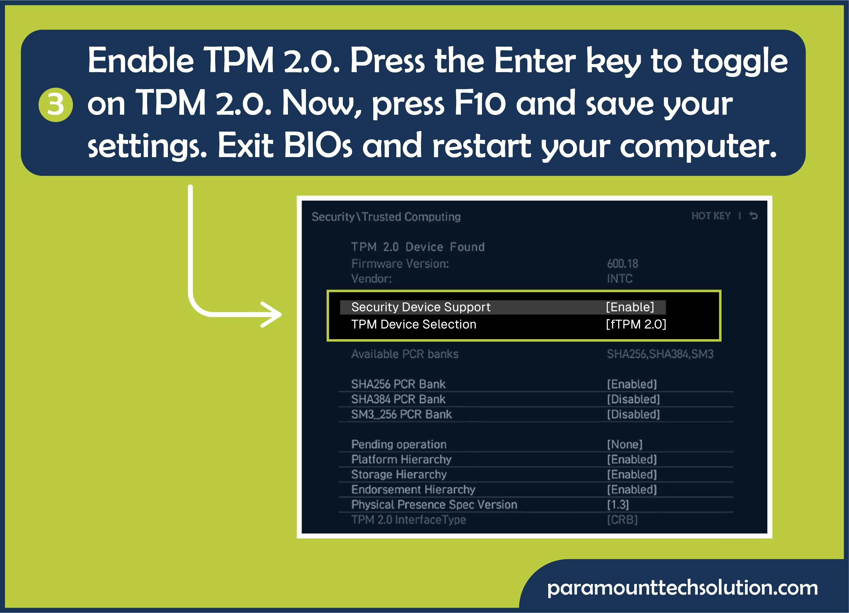 Press the Enter key to toggle on TPM 2.0