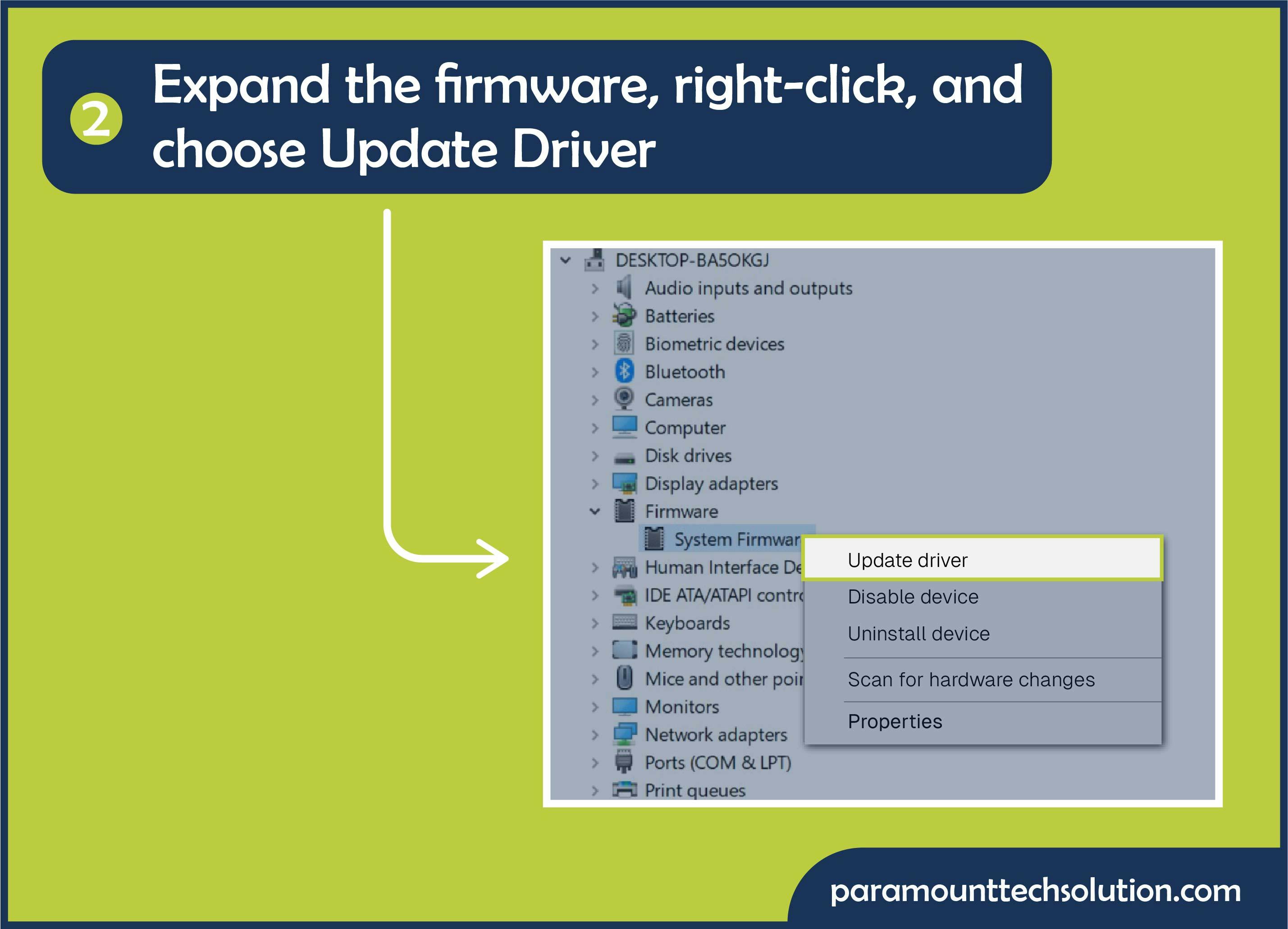 Expand the firmware, right-click, and choose Update Driver