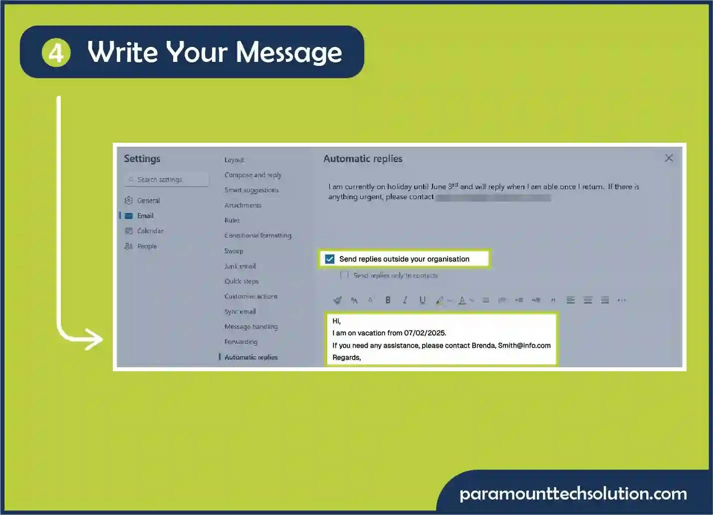 Send automatic replies inside your organization–outlook