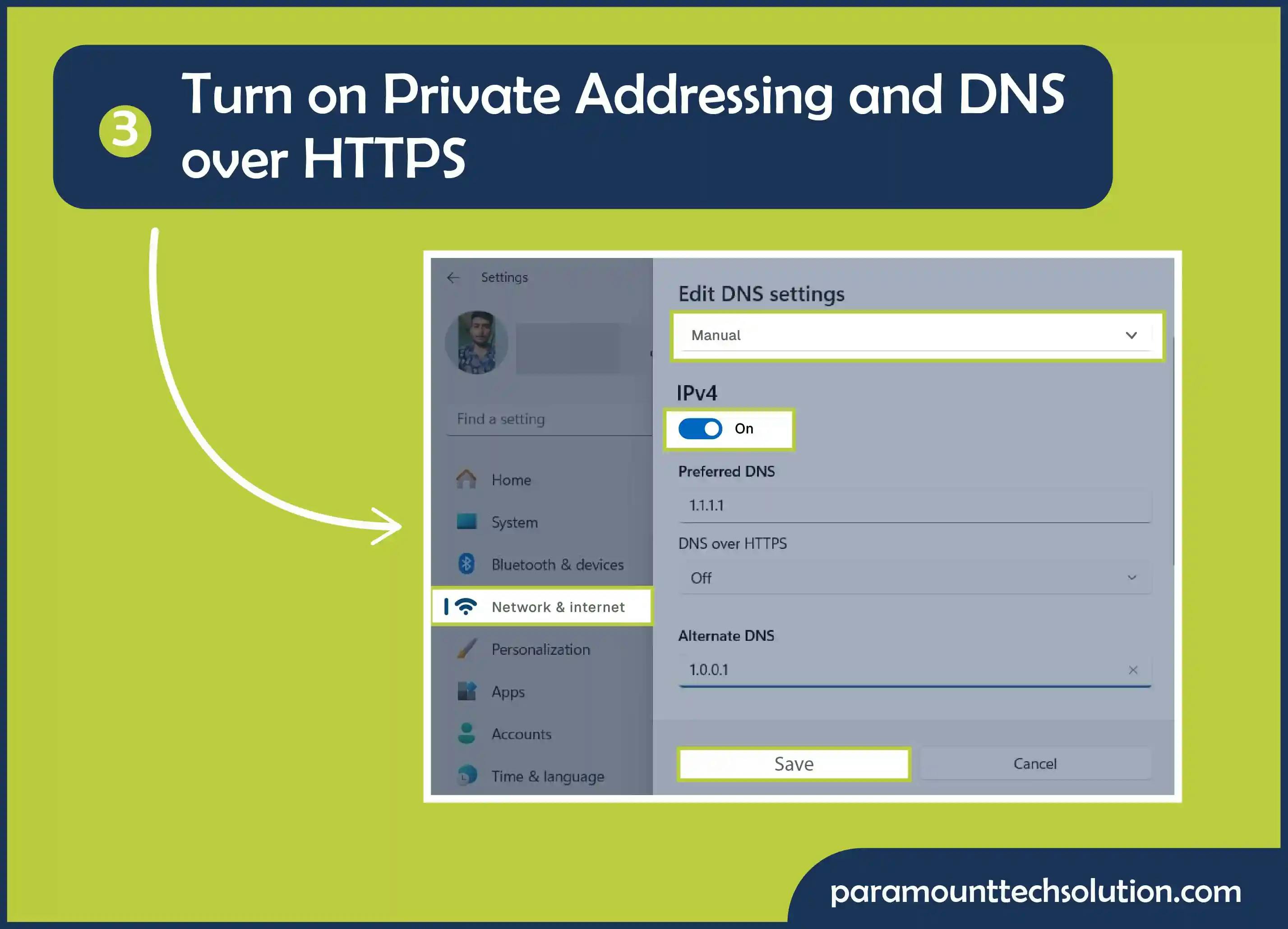 Turn on Private Addressing and DNS over HTTPS