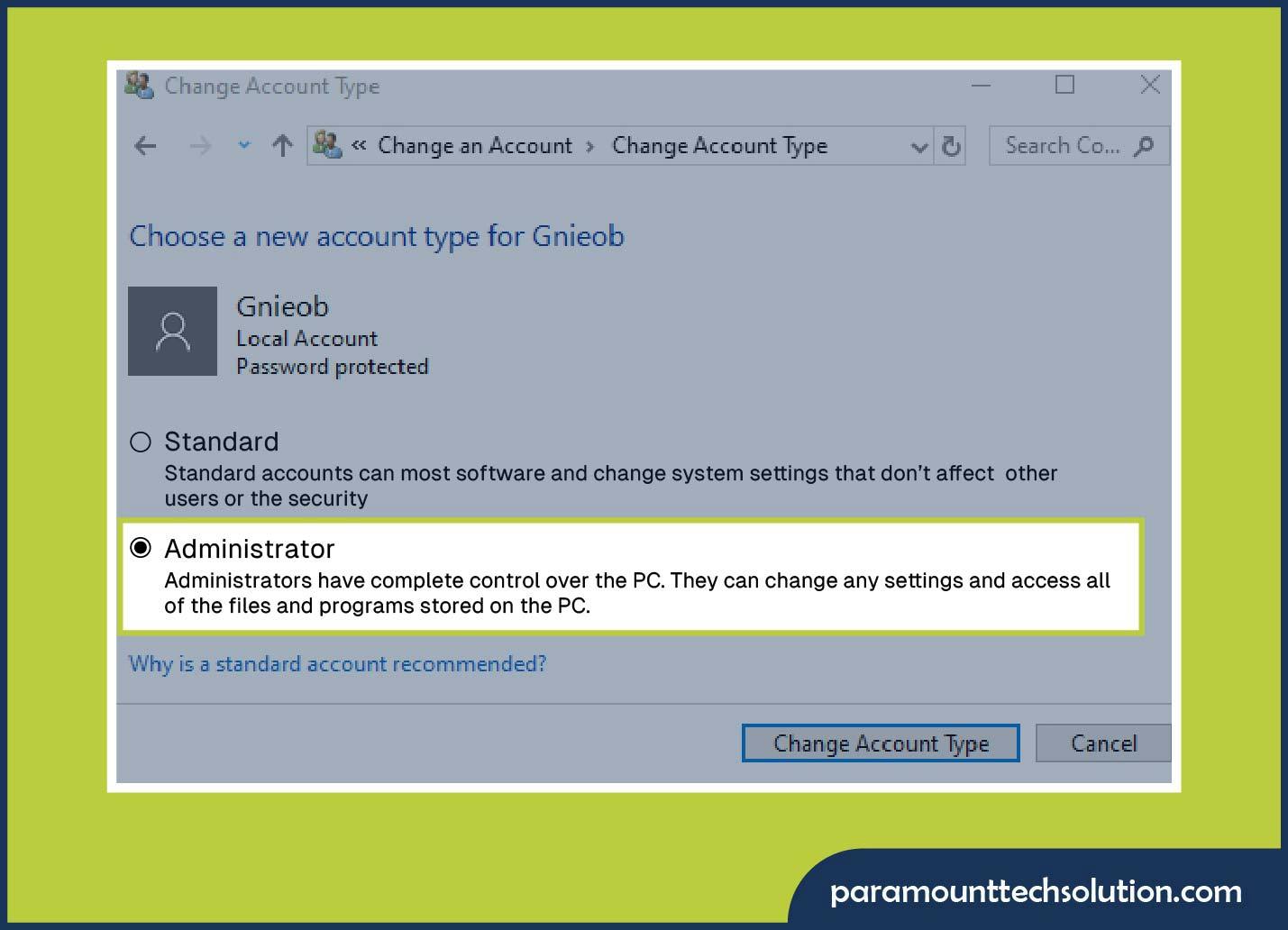 Changing Administrator on Windows 10 using Control Panel