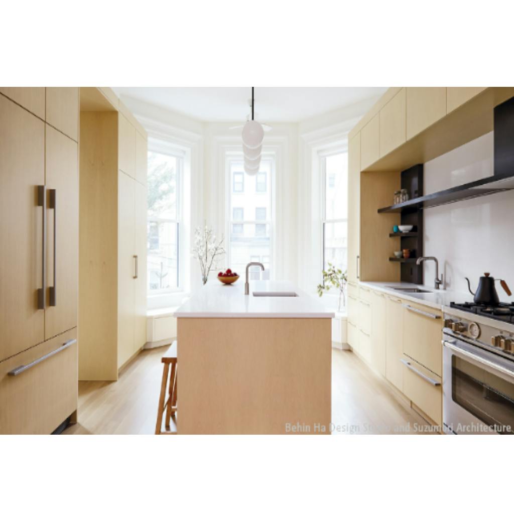 Rear view of the residential kitchen after renovation. Photo: Cheng Lin via Qualified Remodeler Rear view of the residential kitchen after renovation. Photo: Cheng Lin via Qualified Remodeler