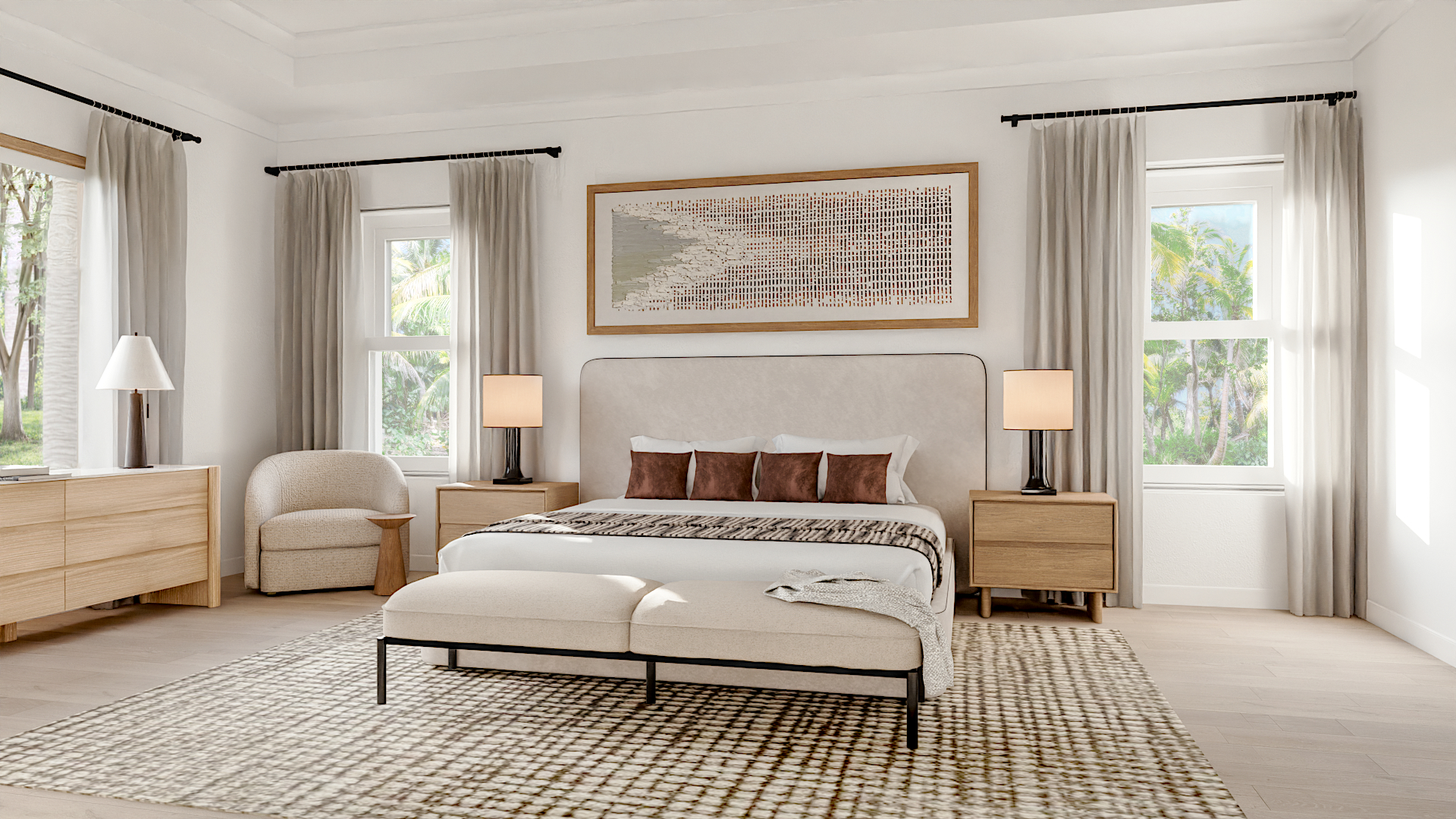 Brightly lit, modern master bedroom featuring a white upholstered king bed, brown accent pillows, a black-framed bench, light wood nightstands, and a patterned rug set against large windows with neutral drapes.