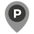 A gray location pin with an encircled P, representing where a user might find parking.