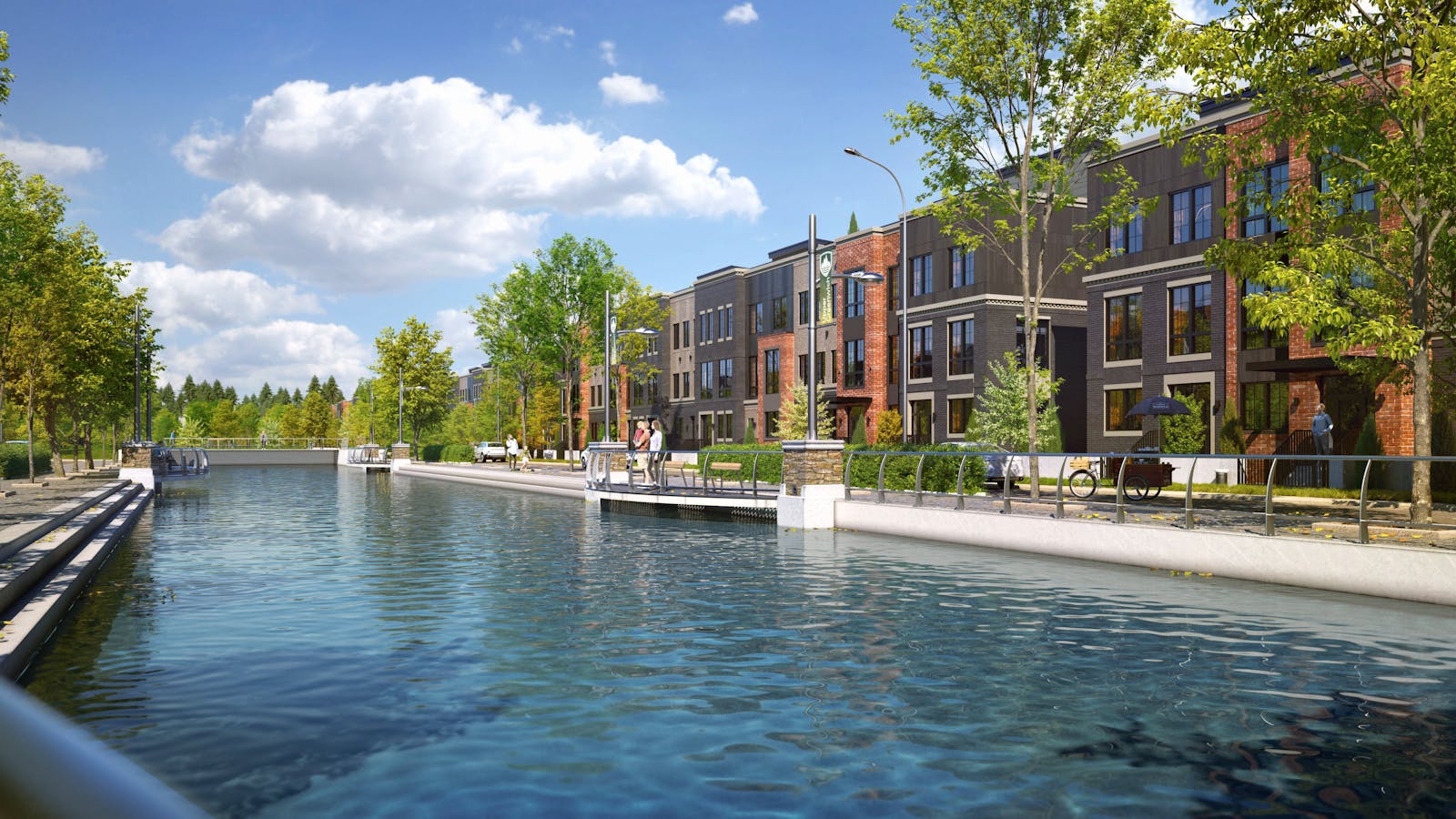 A canal, running through a modern community filled with trees.