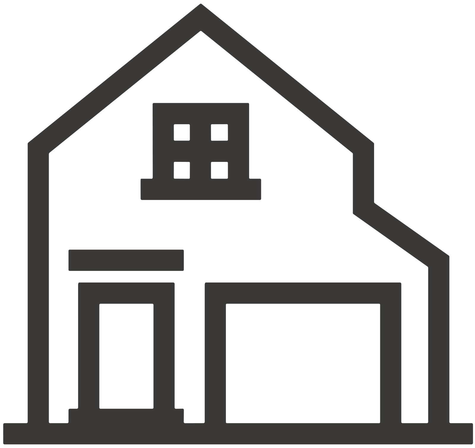 Black icon of a house with a front garage on a transparent background