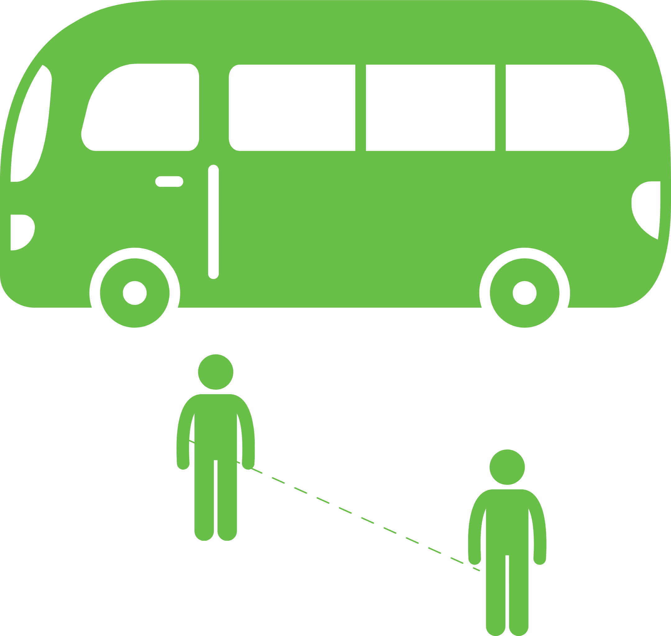 Green icon of a bus with two human figures standing apart, connected by a dashed line, representing physical distancing and contact tracing in public transit environments.