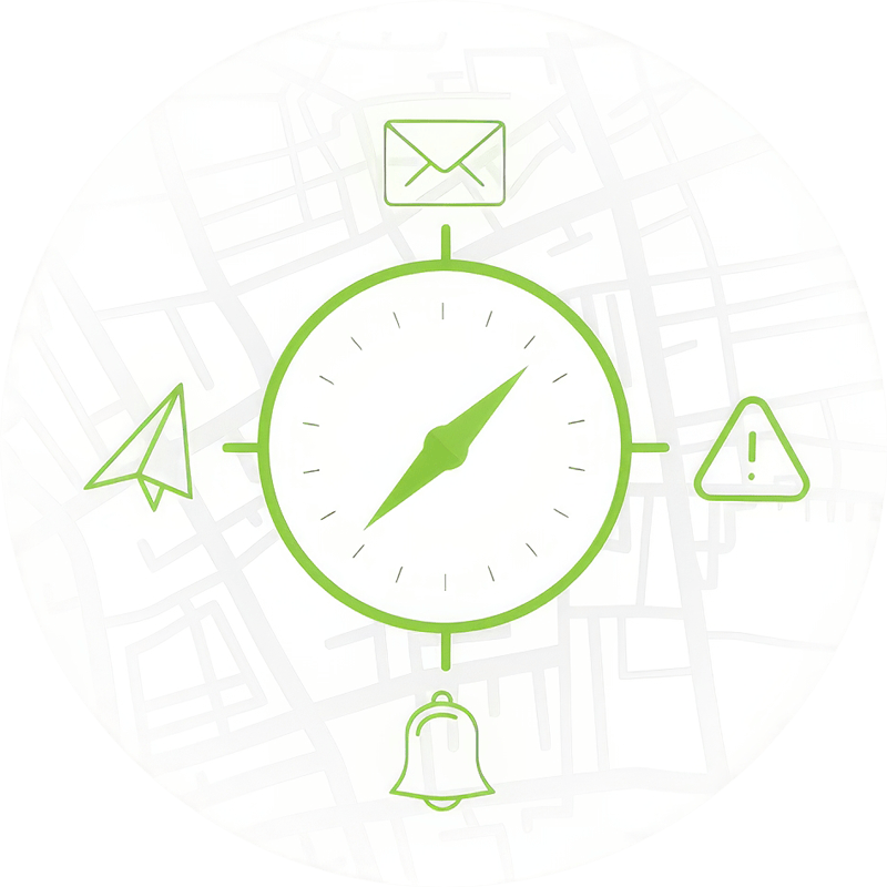 Illustration of a green compass surrounded by icons representing alerts, notifications, messages, and GPS navigation, overlaid on a faint map background, symbolizing real-time transit connectivity and communications features.