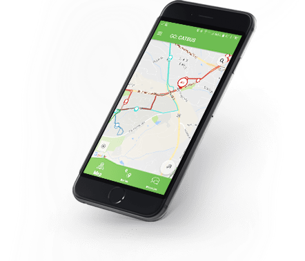 Smartphone displaying the Passio GO™ app with a transit map and route information, helping passengers view bus stops, routes, and real-time arrival details.