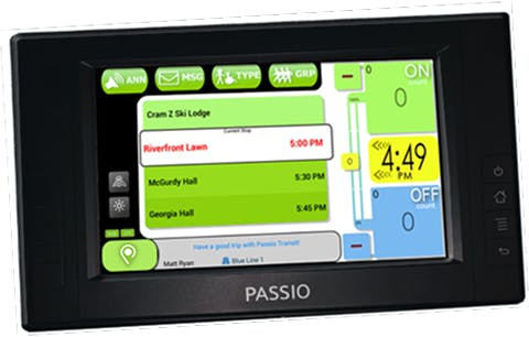 Touchscreen display of a Passio driver interface showing a transit schedule with multiple upcoming stops, a digital clock, passenger count, and system status indicators.