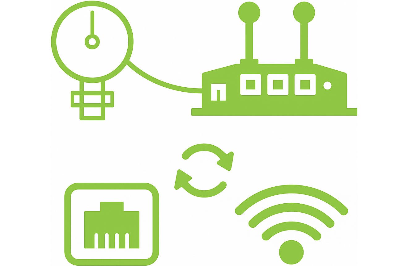 Green icons representing mobile Wi-Fi technology, including a router with antennas, a signal meter, a network port, a wireless symbol, and a sync icon, illustrating onboard internet connectivity for public transit vehicles.
