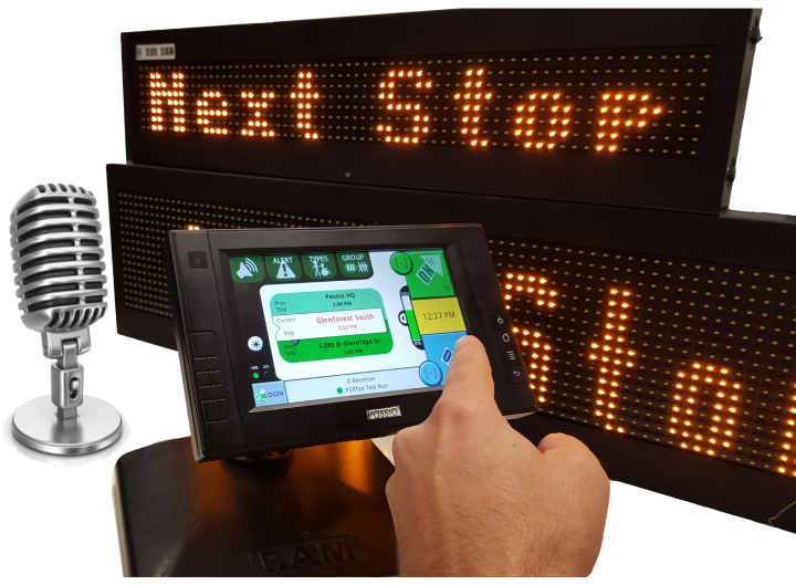Person interacting with a Passio driver interface touchscreen displaying a transit route and stop information, alongside LED signs showing ‘Next Stop’ and a vintage-style microphone symbolizing automated voice announcements.