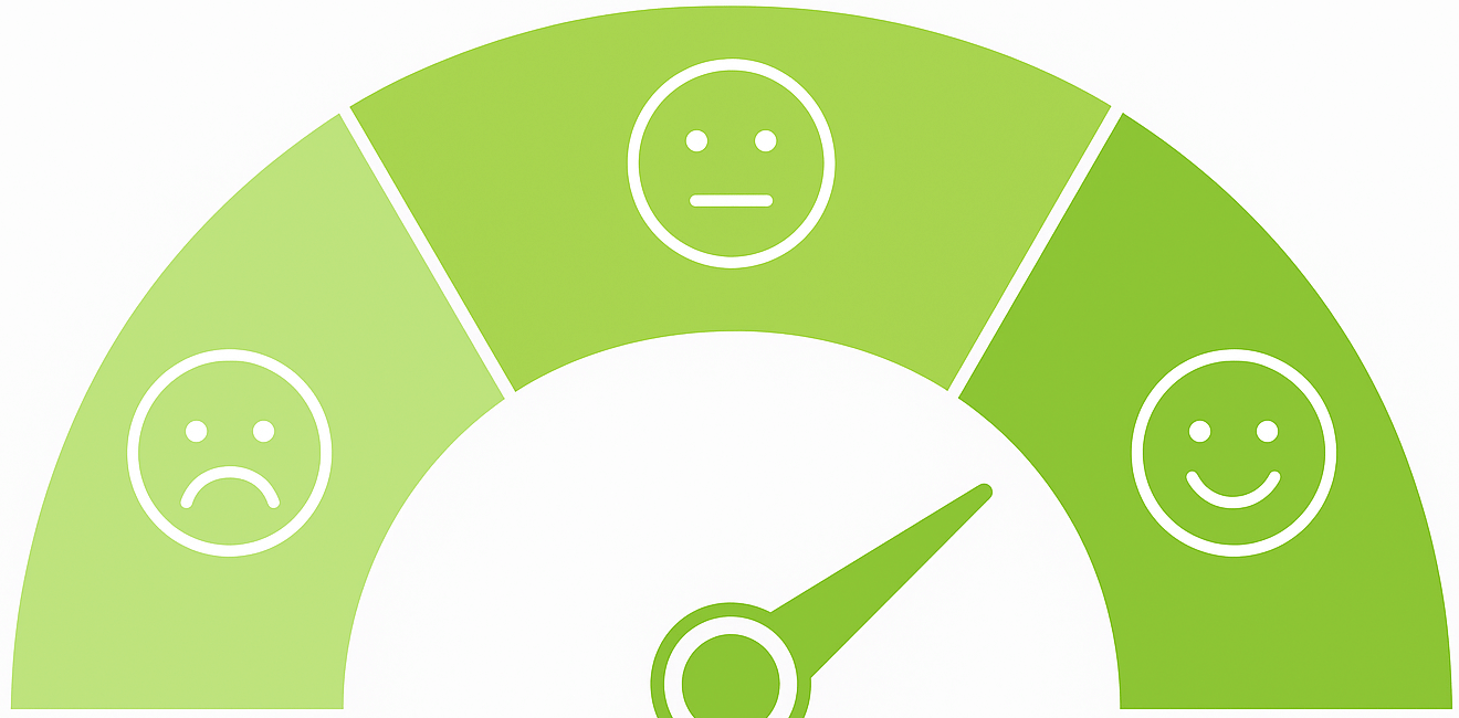 Illustration of a satisfaction meter with three faces: sad, neutral, and happy. Highlighting a needle pointing toward the happy face, representing a significant increase in passenger satisfaction from using the Passio BusBuzz™ feedback system.