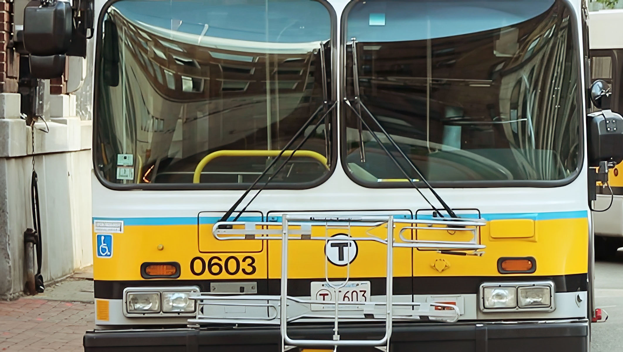 Close-up front view of a public transit bus