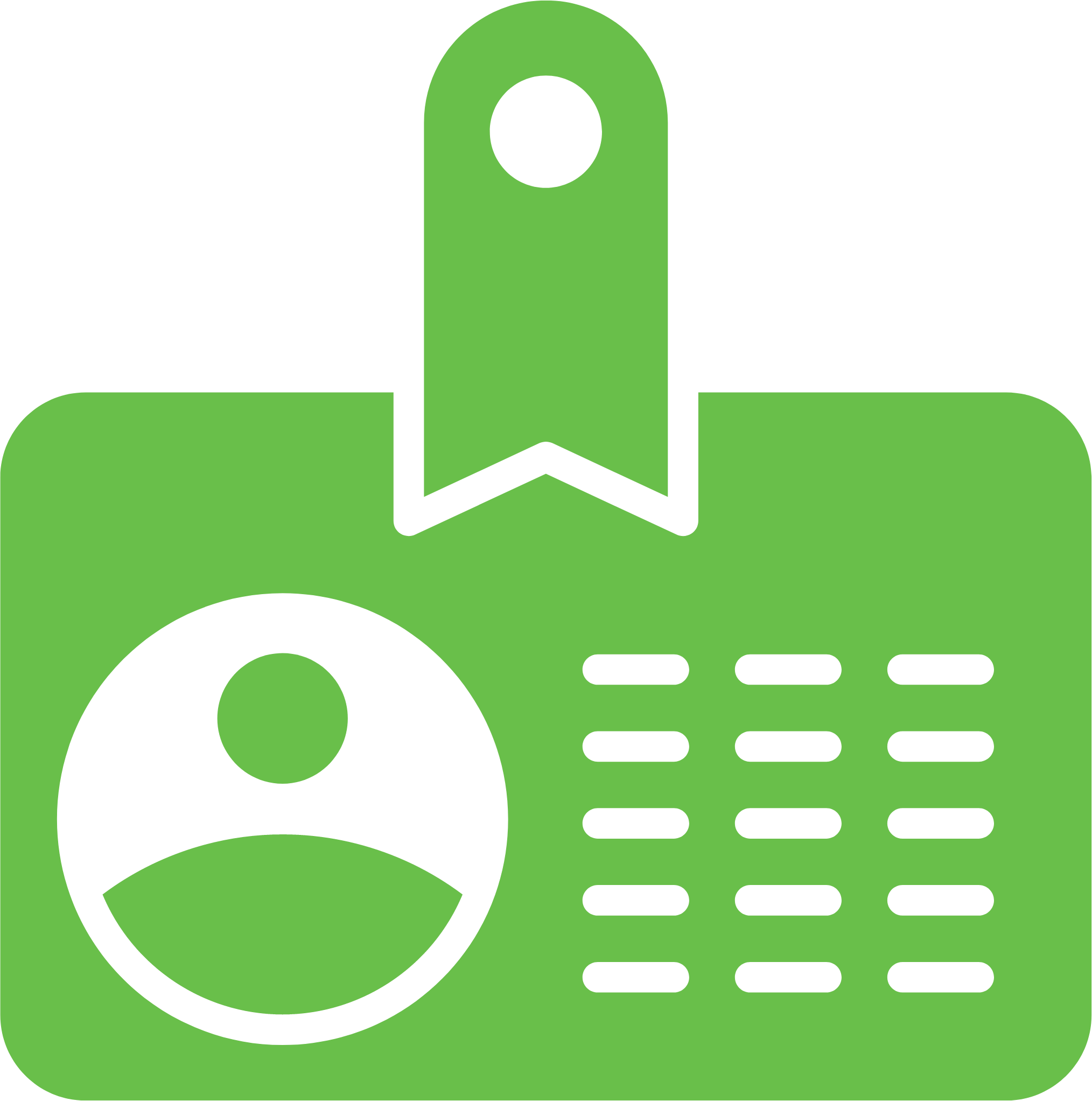Green icon of an identification badge featuring a user profile symbol and a barcode-like layout, representing transit ID scanning and contact tracing.