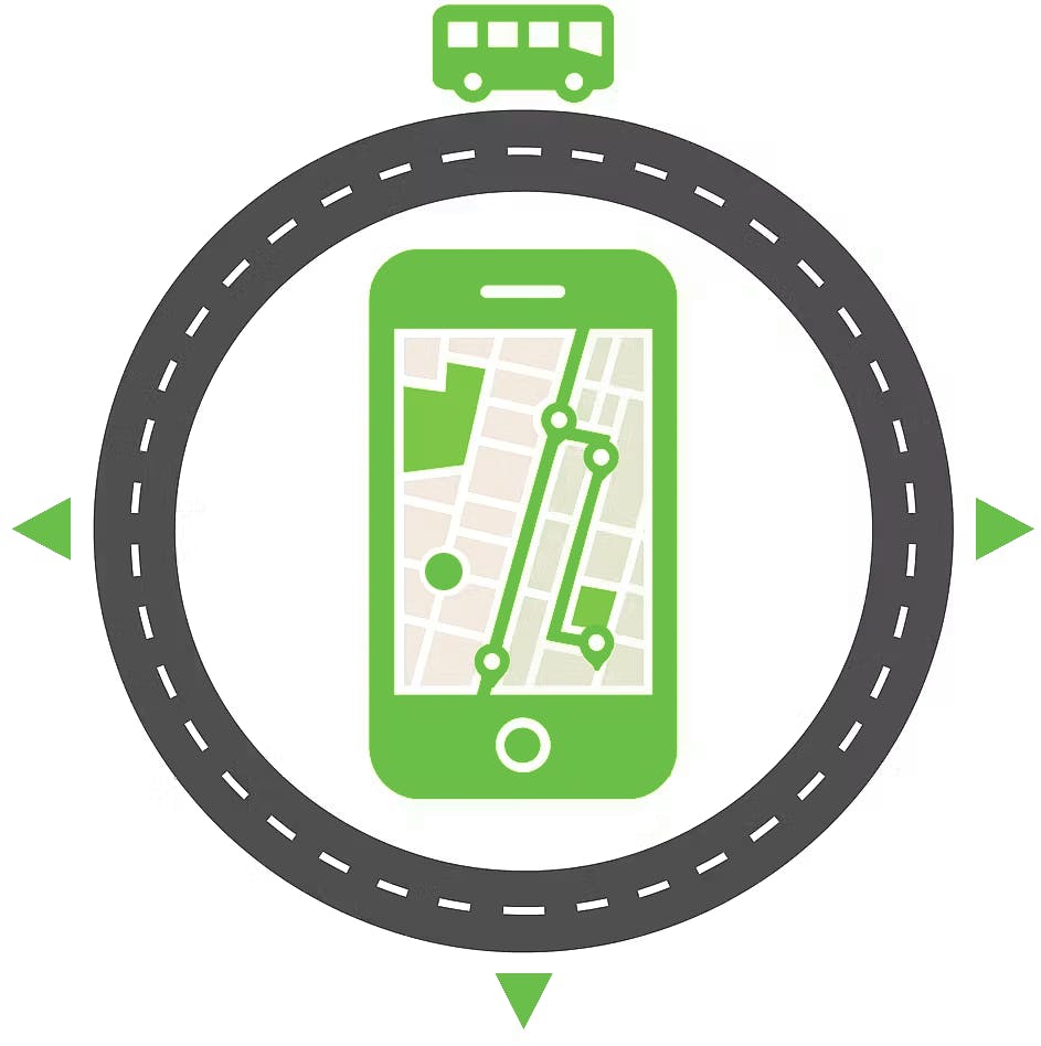 Illustration of a smartphone displaying a transit route map inside a circular road with a bus icon on top, symbolizing Passio’s reporting and tracking tools that provide real-time transit insights for operators and passengers.