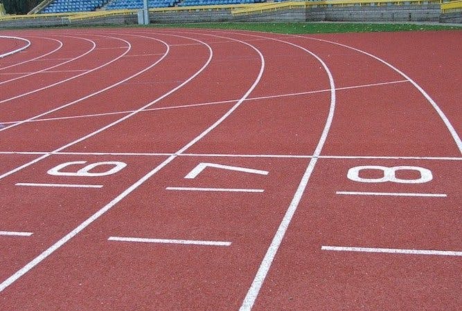 A running track with lanes 6, 7 and 8
