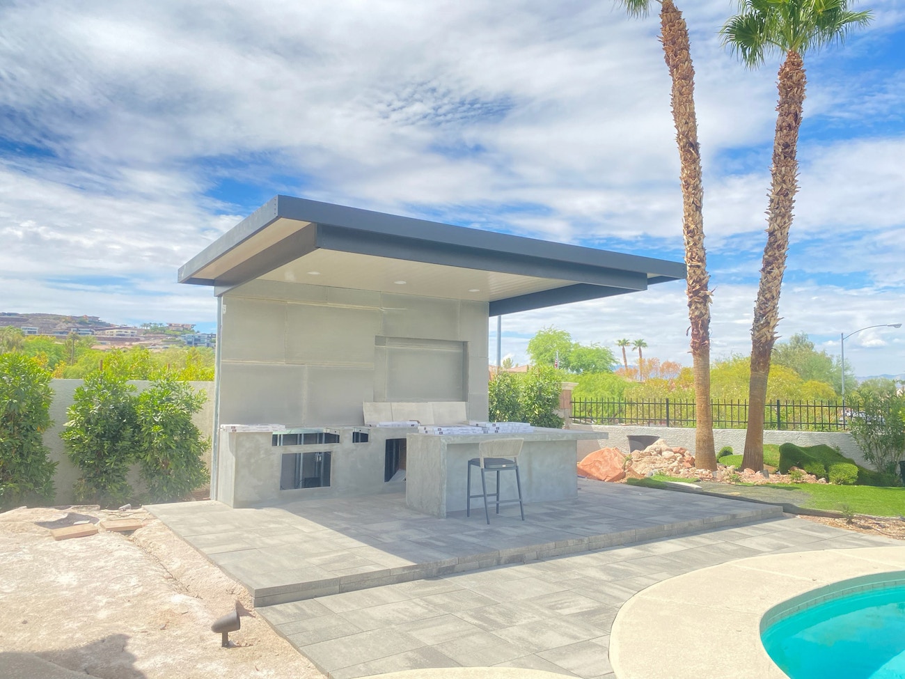 Designer 4K aluminum awning in gray for upscale outdoor kitchen in Las Vegas, NV