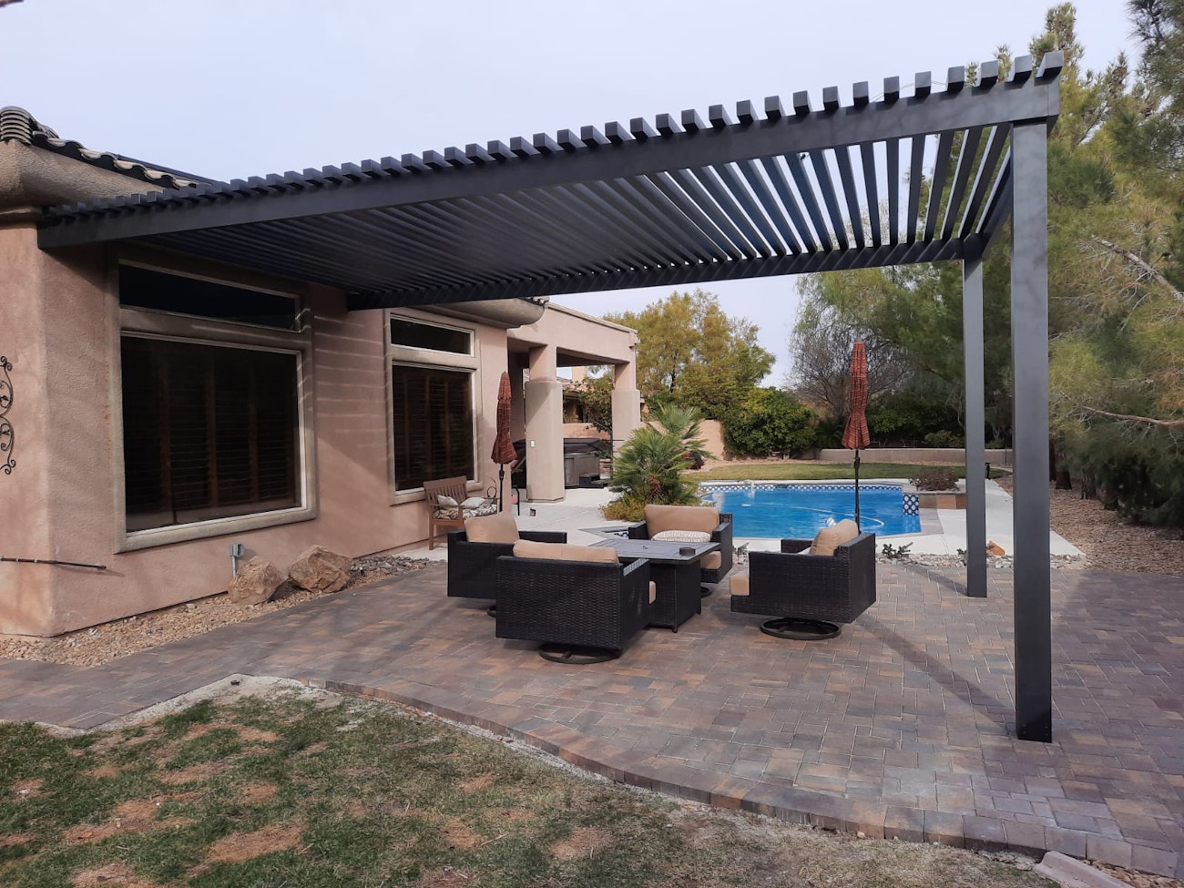 Designer 4K aluminum lattice style awning in black for upscale Las Vegas home
