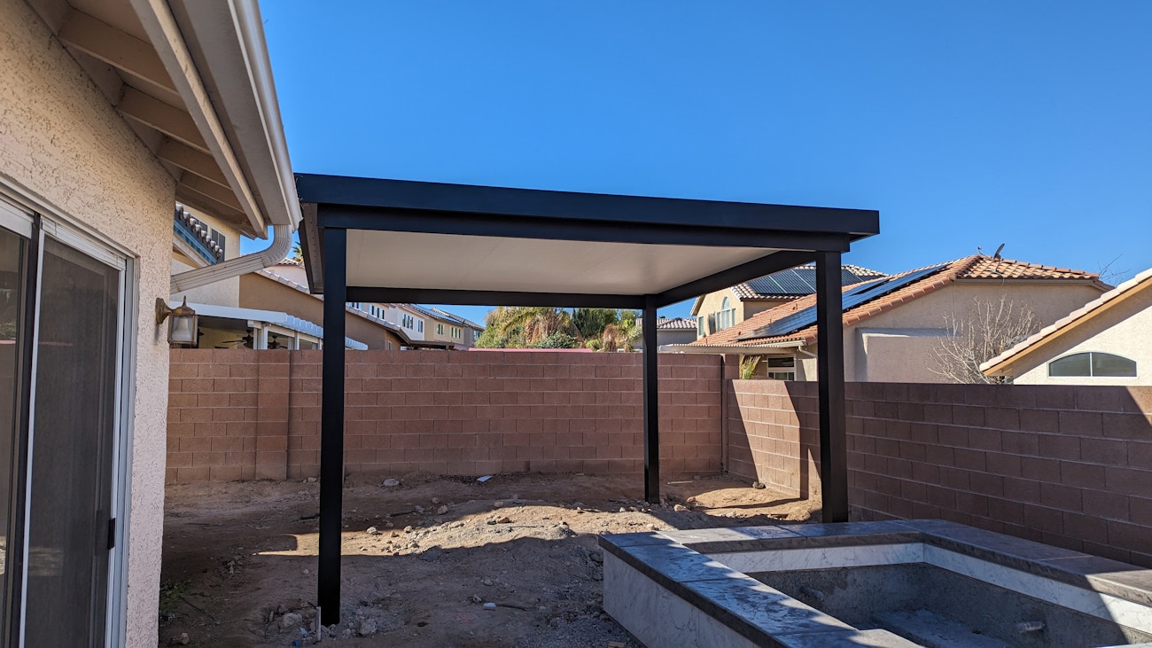 Free standing black 4K luxury patio cover for poolside shade in Las Vegas