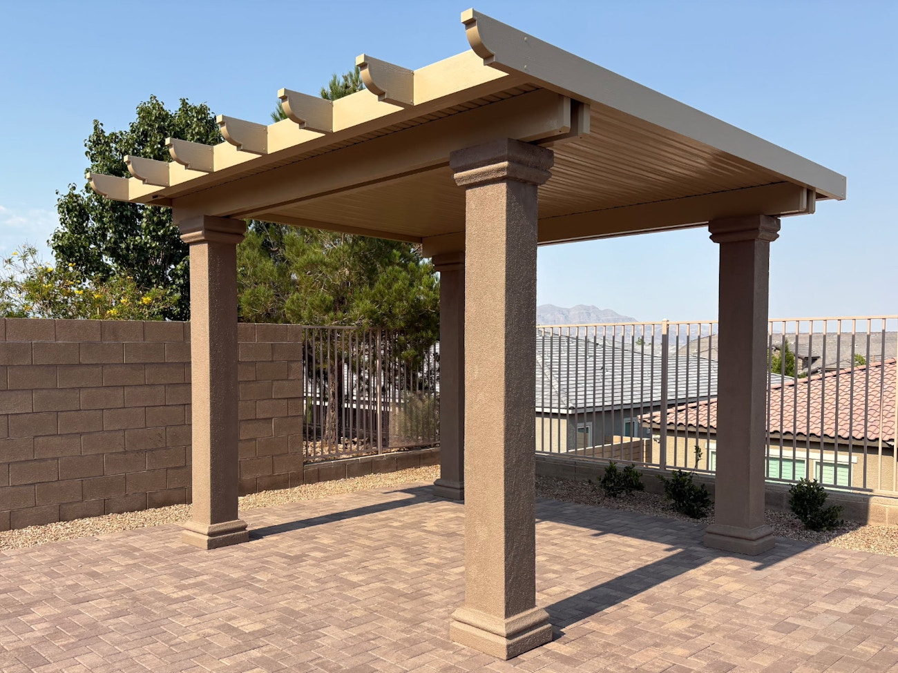 Free standing solid top aluminum patio cover with stucco columns in Scottsdale, Arizona