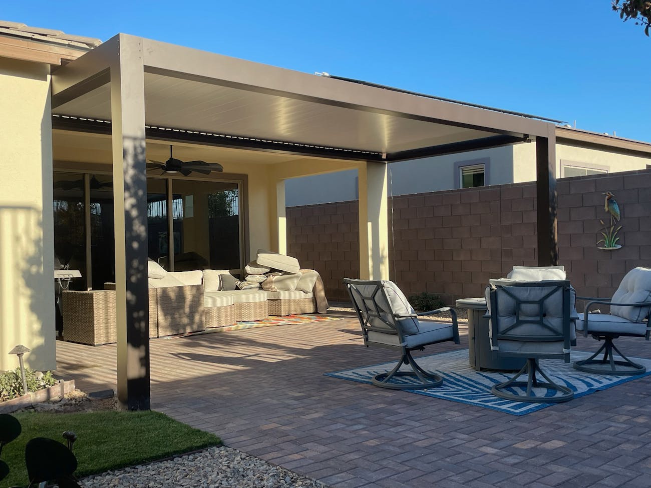 Designer 4K aluminum awning in brown for upscale Phoenix, Arizona residence