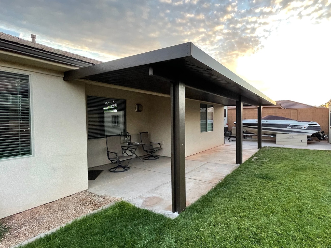 Brown aluminum awning providing full shade from the St. George, Utah sun