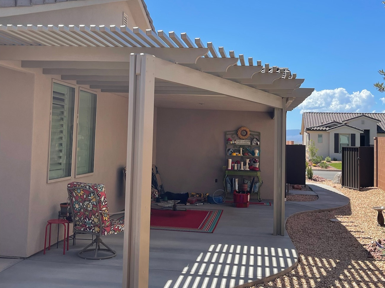 Variable length lattice patio cover for side yard in Washington, Utah