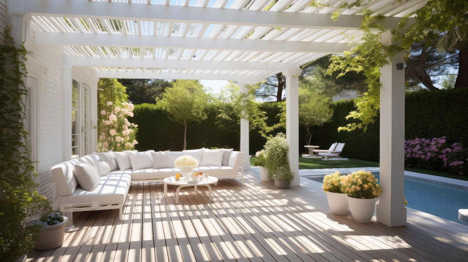 Sleek white minimalist pergola with open slats, wood decking, and neutral furniture beside a pool in a bright backyard.