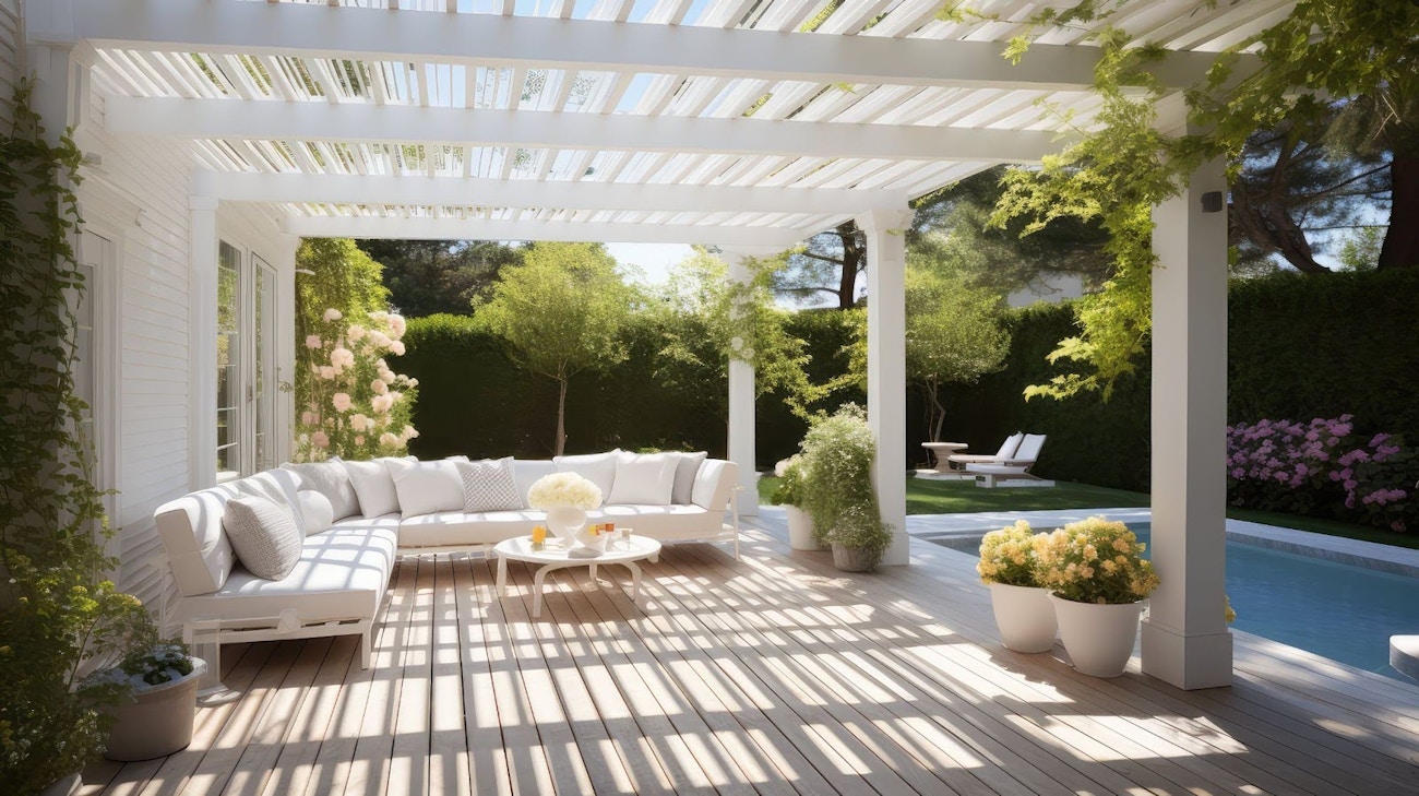 Sleek white minimalist pergola with open slats, wood decking, and neutral furniture beside a pool in a bright backyard.