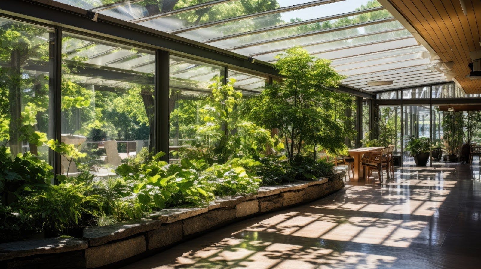 Glass roof patio cover with lush indoor plants and modern seating letting natural light filter through.