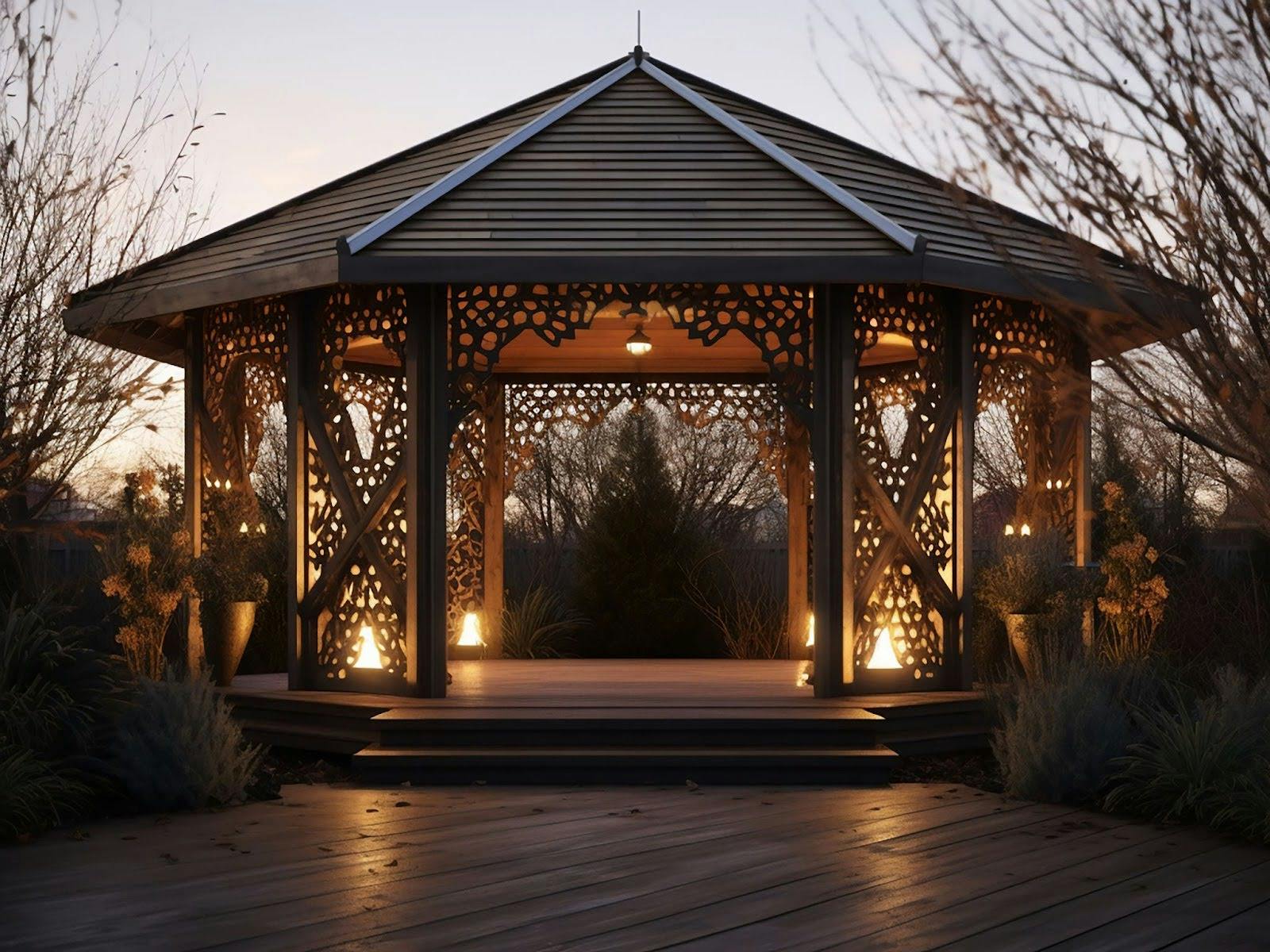 Wooden pergola with built-in lights illuminating intricate panels and a cozy deck space at sunset.