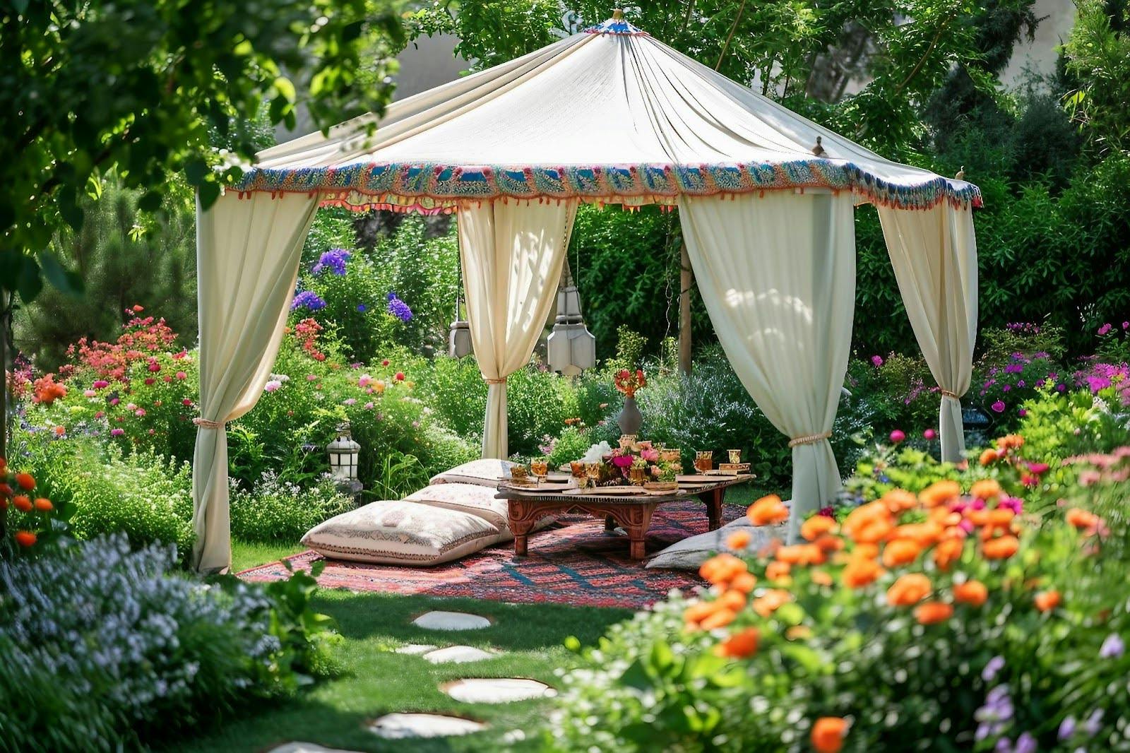 Decorative fabric canopy over wooden beams shading a garden seating area surrounded by colorful flowers.