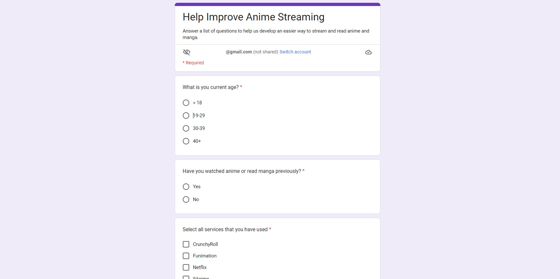 A Google form used to locate ideal candidates for usability testing.