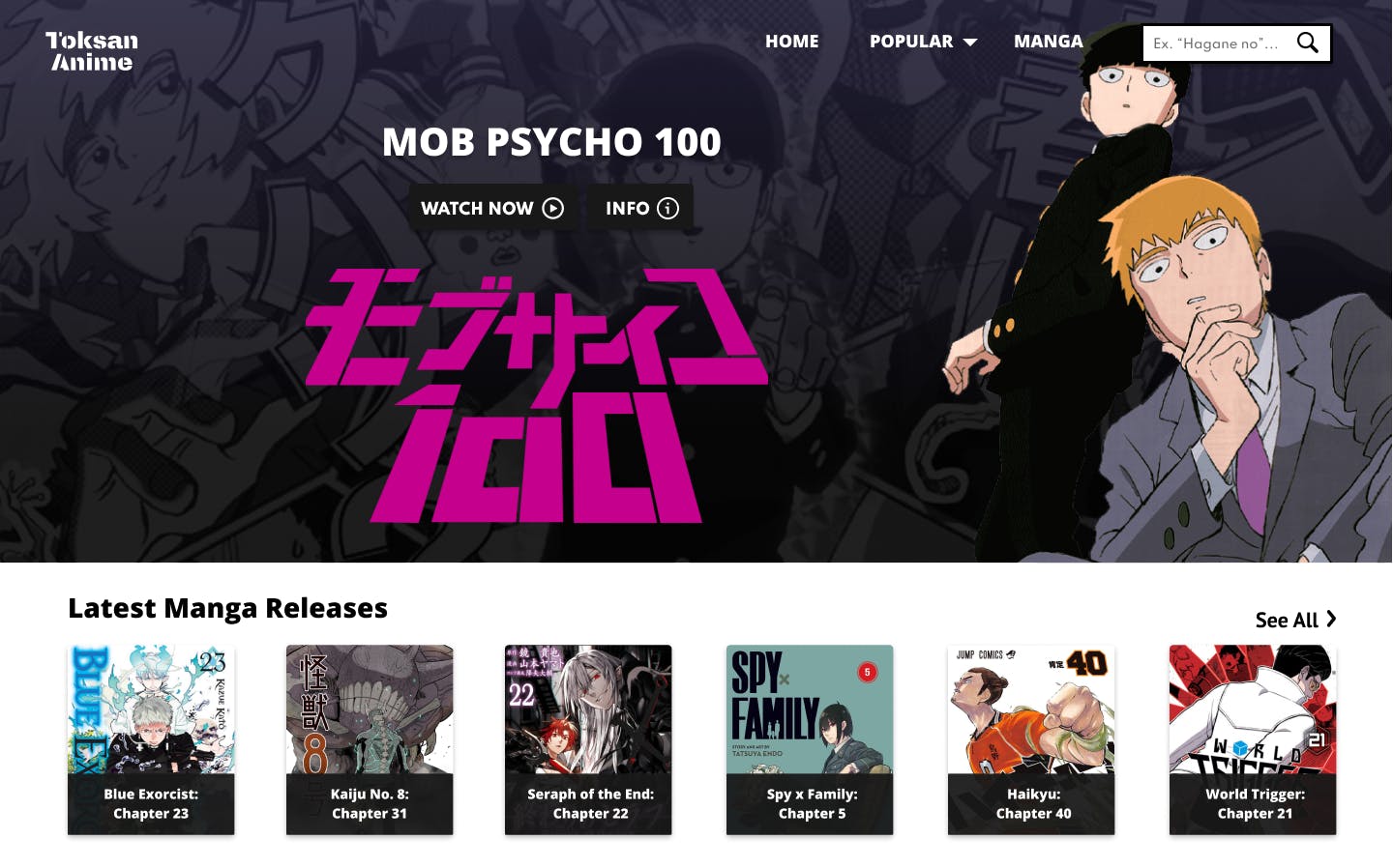 The landing page of Toksan Anime which features an ad for "Mob Psycho 100"