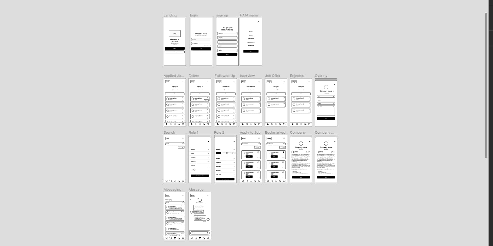 A series of low fidelity wireframes created for JobGator usability testing.