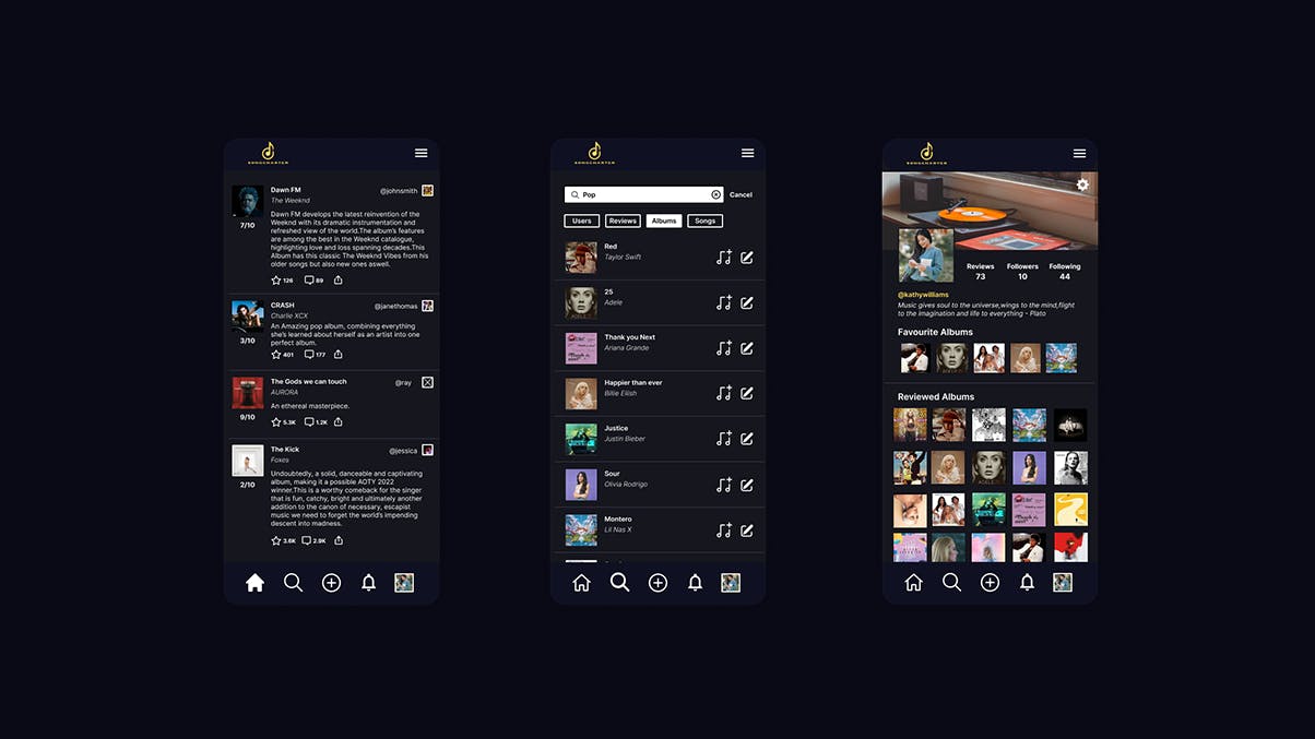 3 High-Fidelity prototypes for Song Charter (the home page, the search page and the profile page)