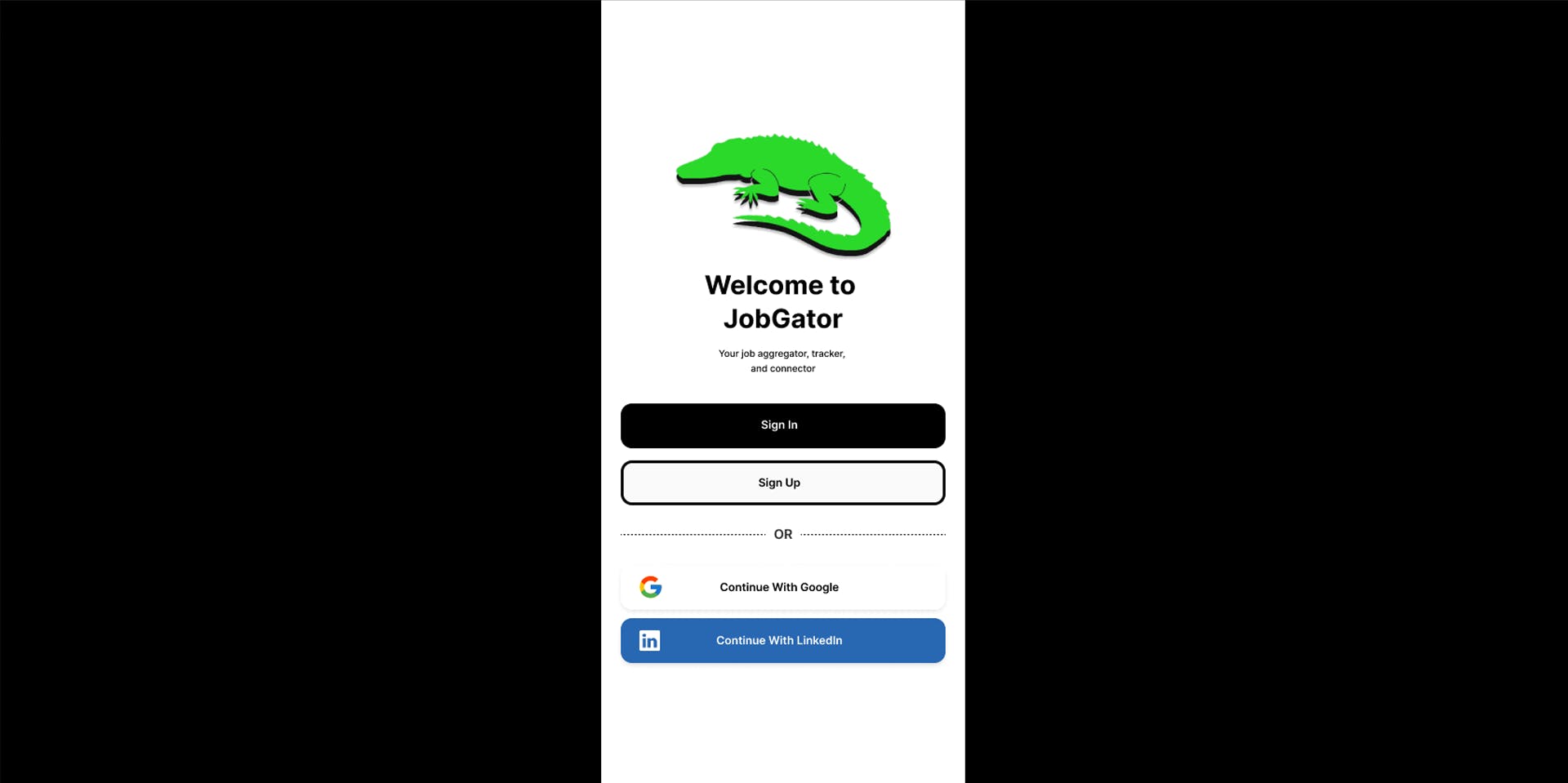 The final design of JobGator. This image features the landing page of the app.