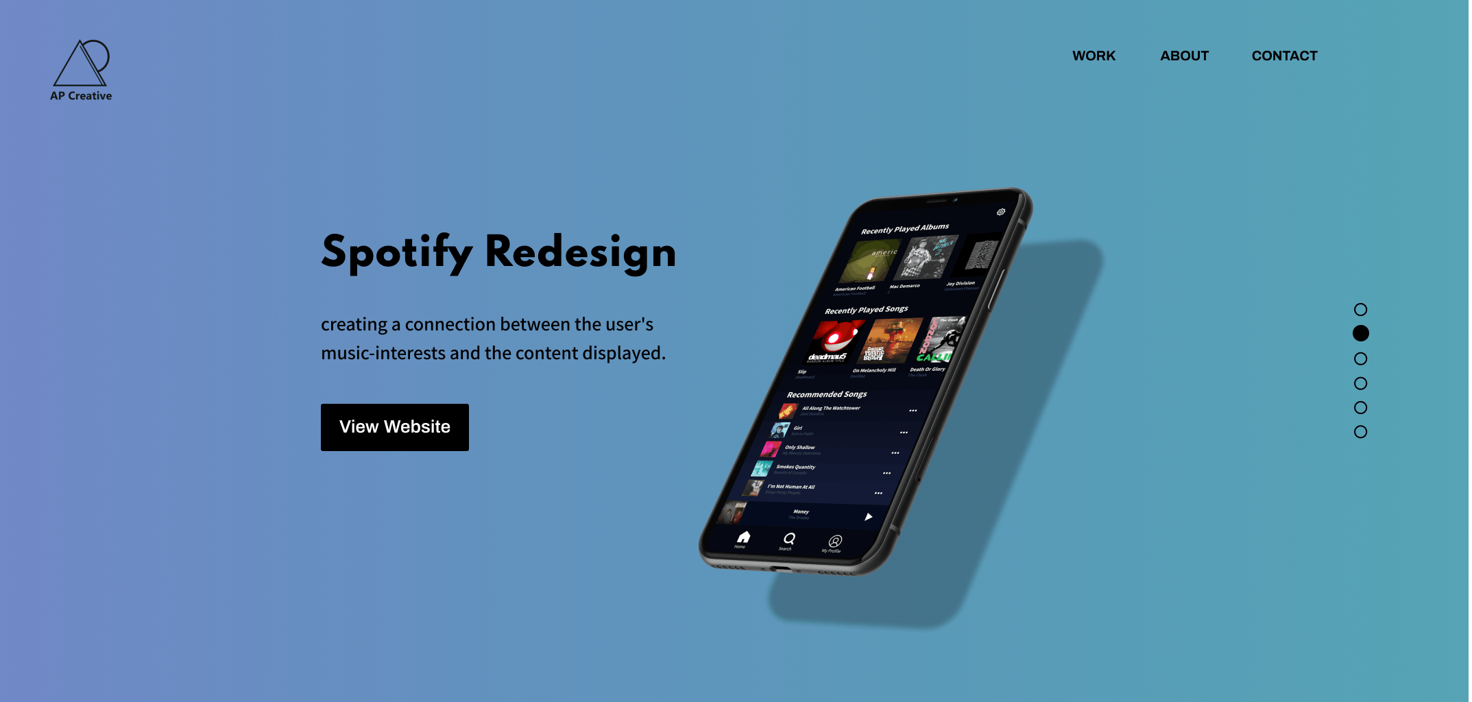 The Spotify Redesign landing page on the AP Creative website.