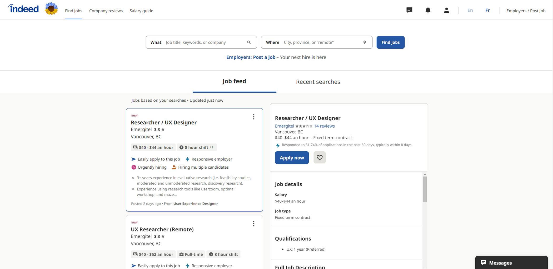 An image of the Indeed job board landing page.